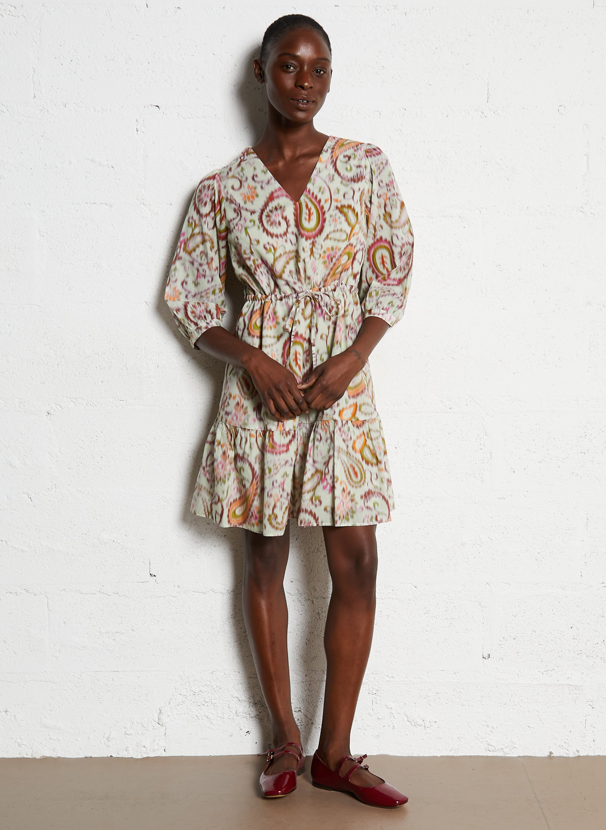 Short V-neck dress with 3/4 sleeves printed SUD EXPRESS Green