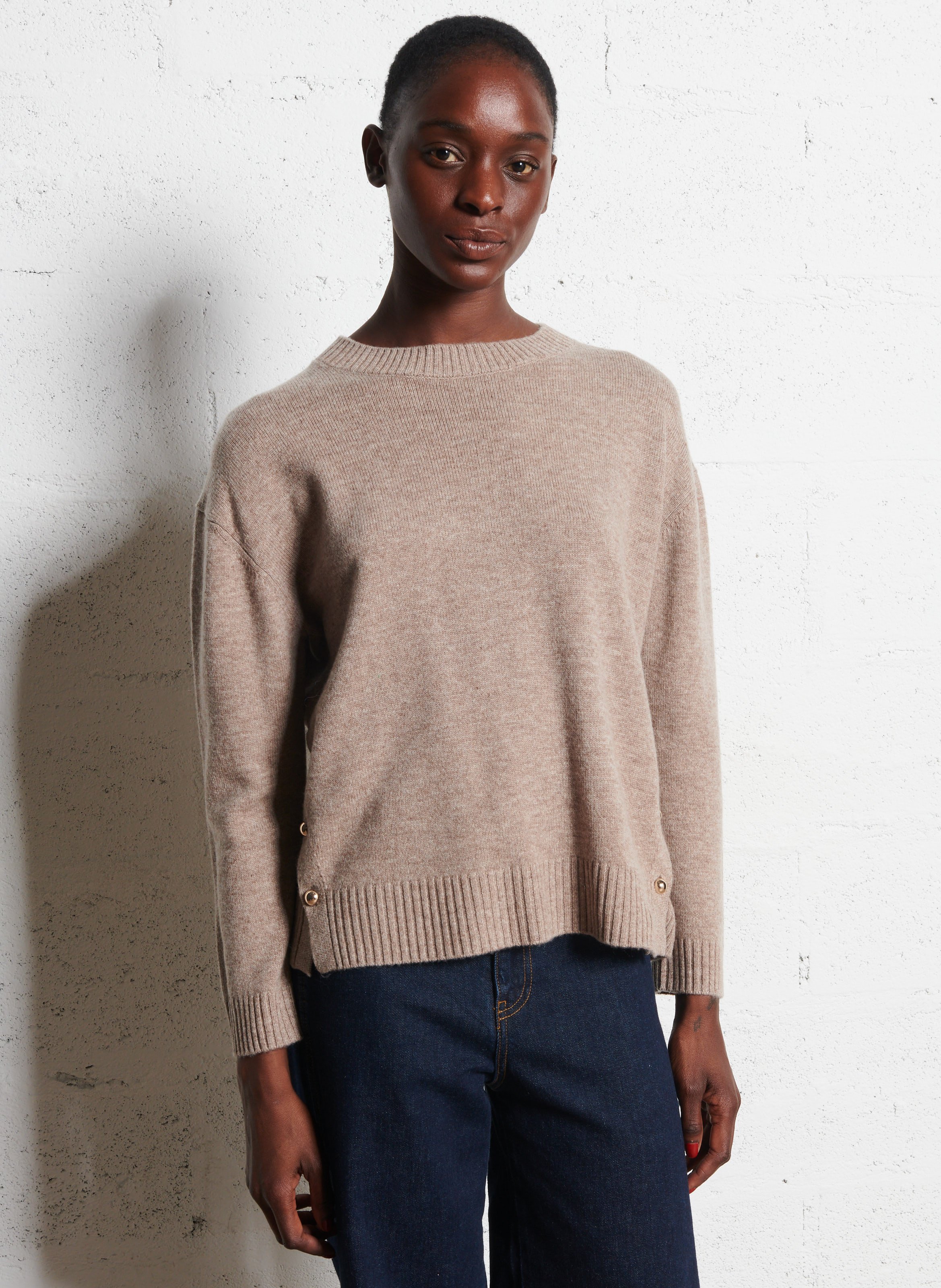 Pull col rond uni avec boutons en laine DES PETITS HAUTS