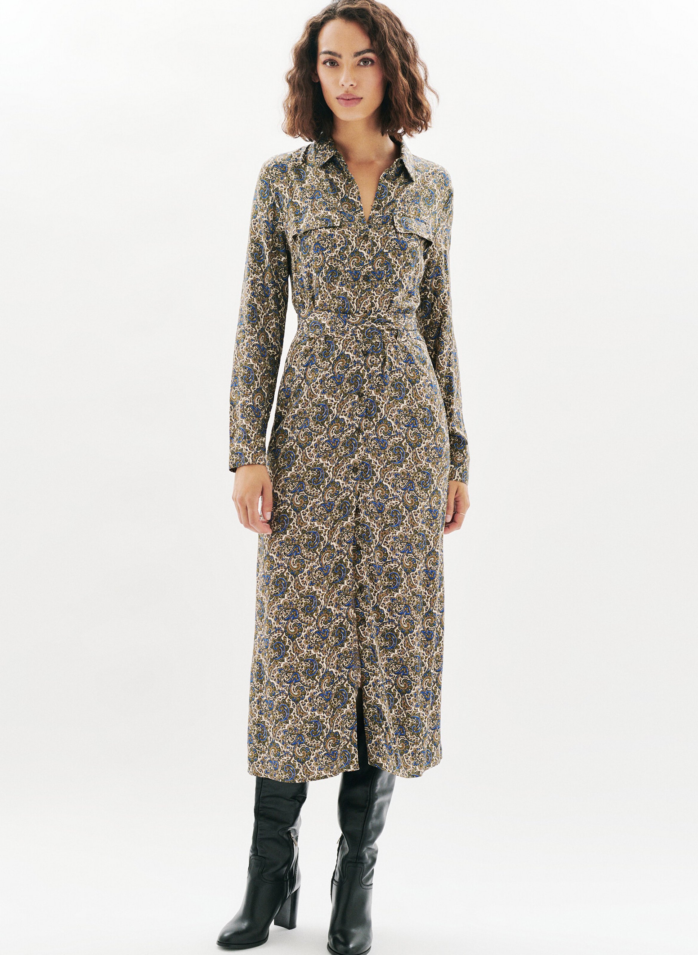 Halflange jurk met V-hals en print CAROLL Beige