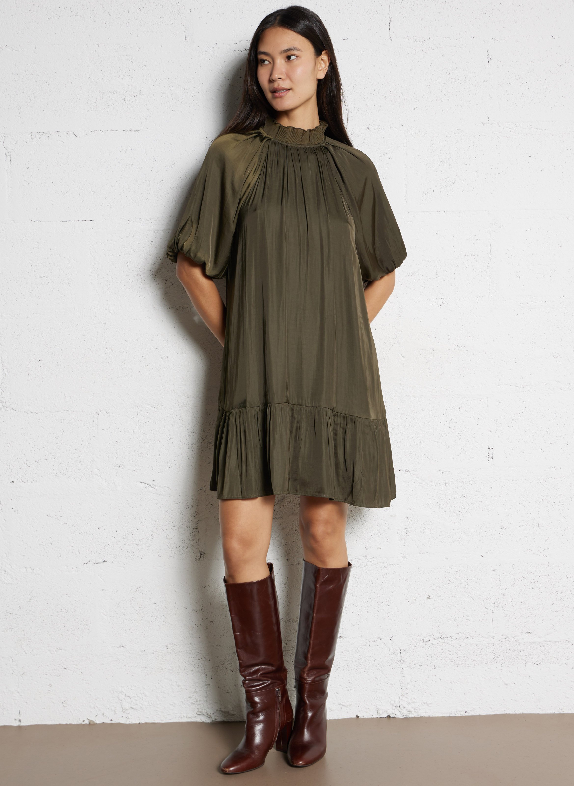Short satin dress IKKS Khaki