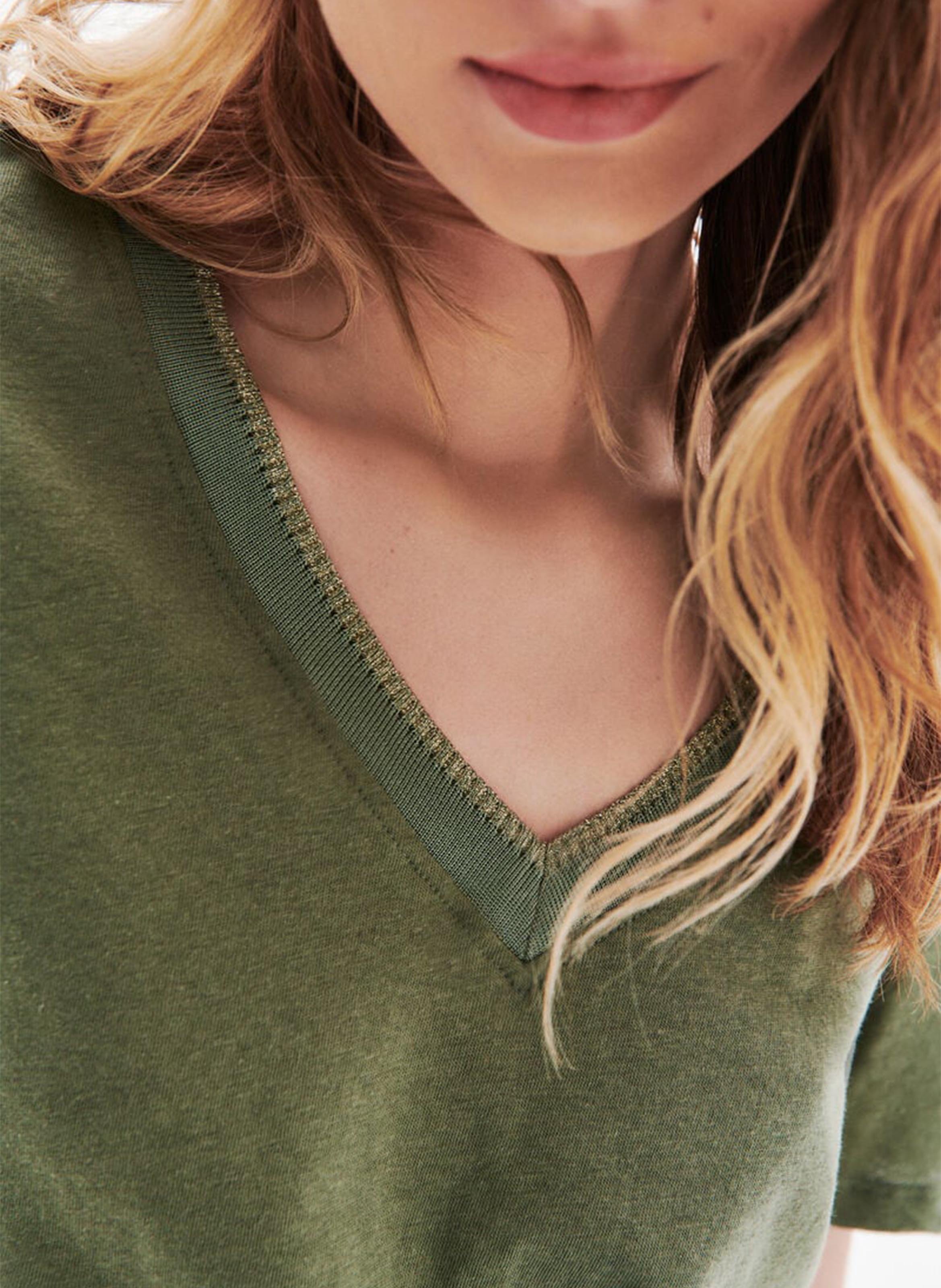 Straight cotton-blend V-neck T-shirt CAROLL Green