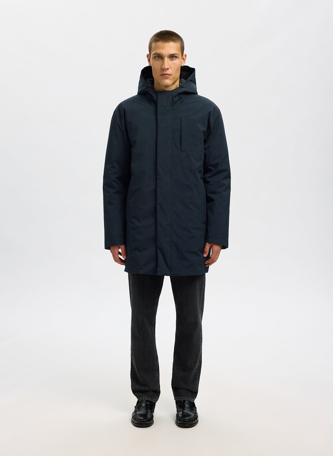 Straight parka with high collar in recycled fibers SELECTED Black