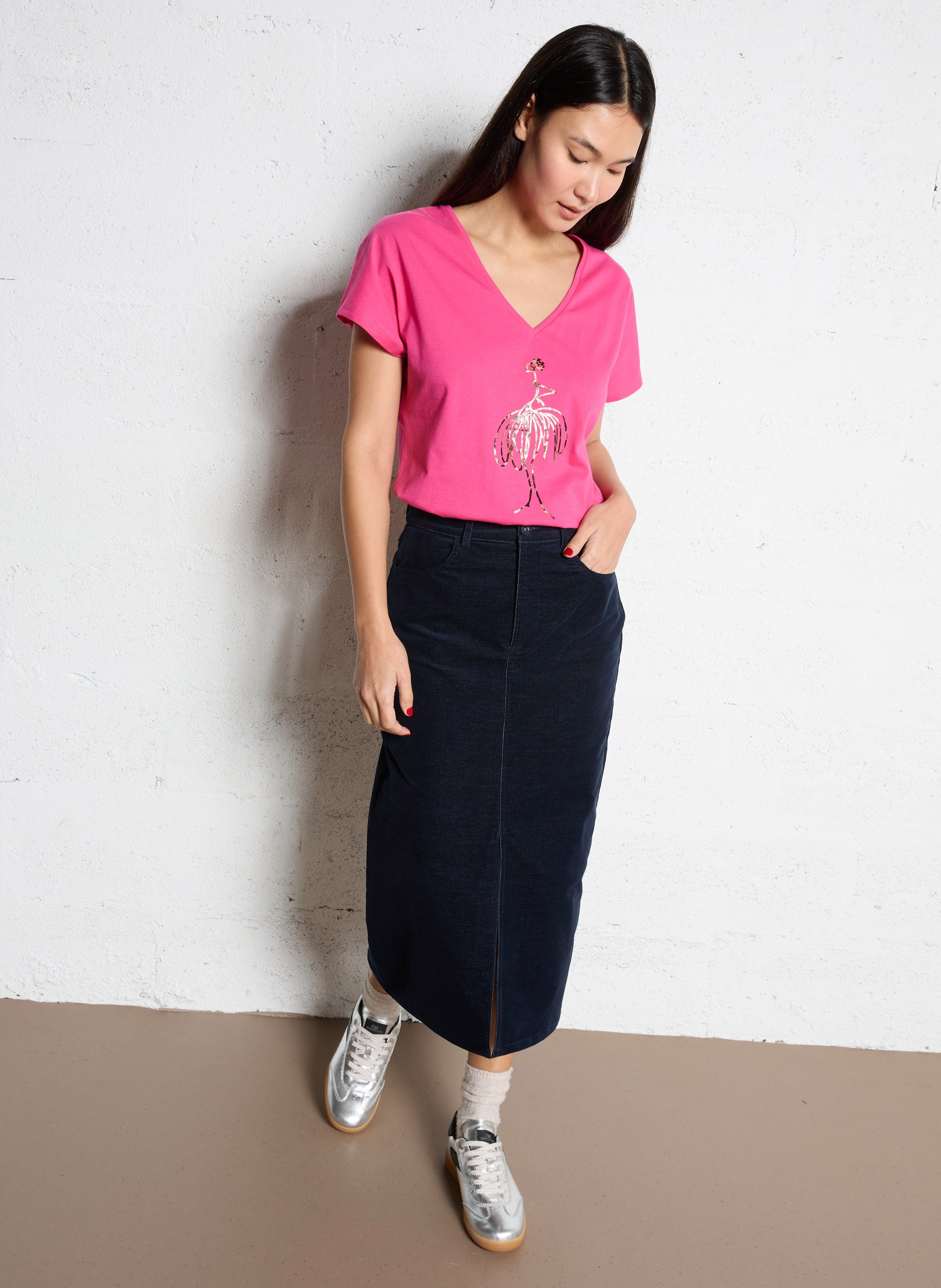 Tee-shirt col V  ONE STEP Rose