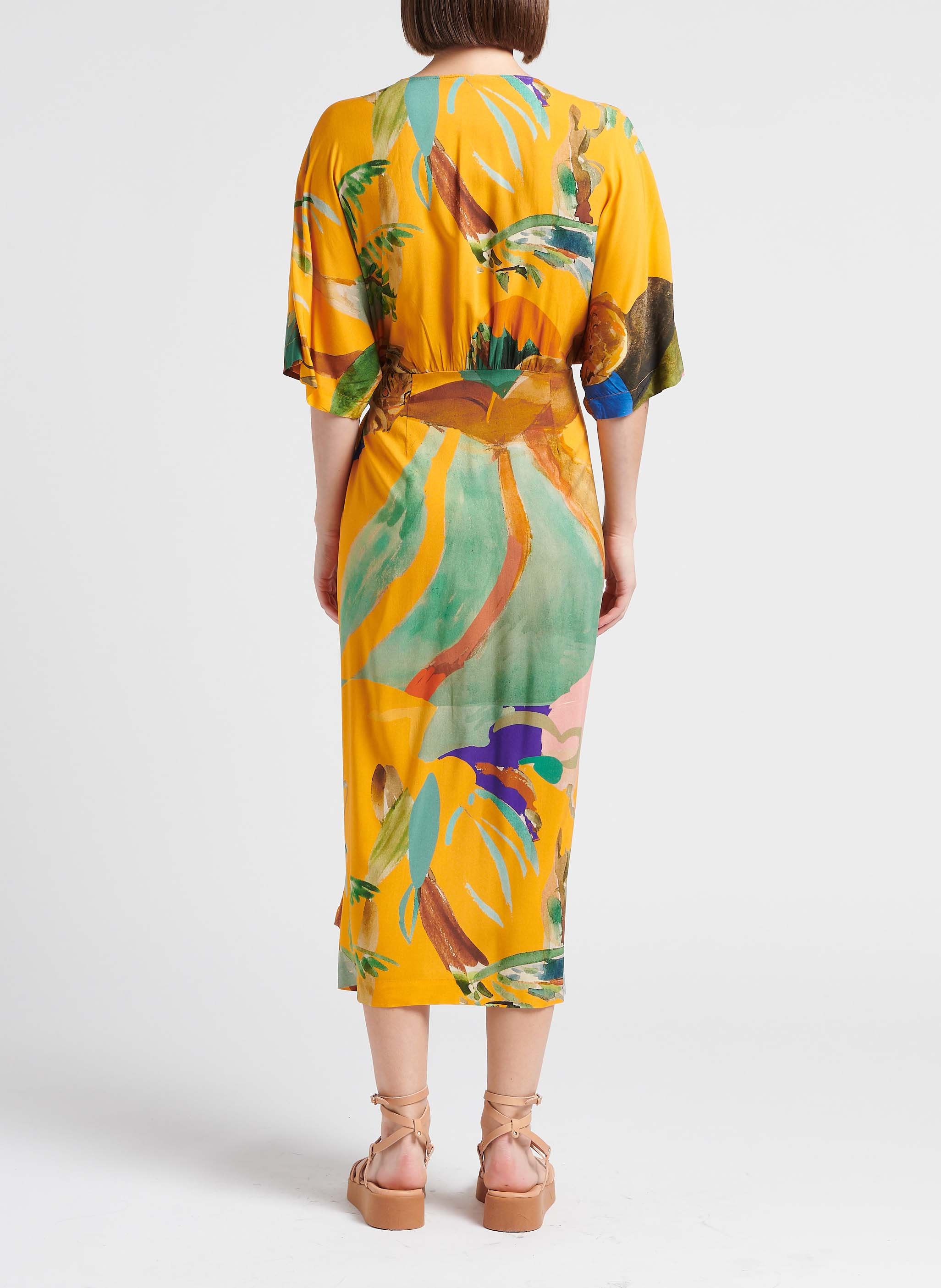 Robe longue col V imprimé tropical G.KERO Orange