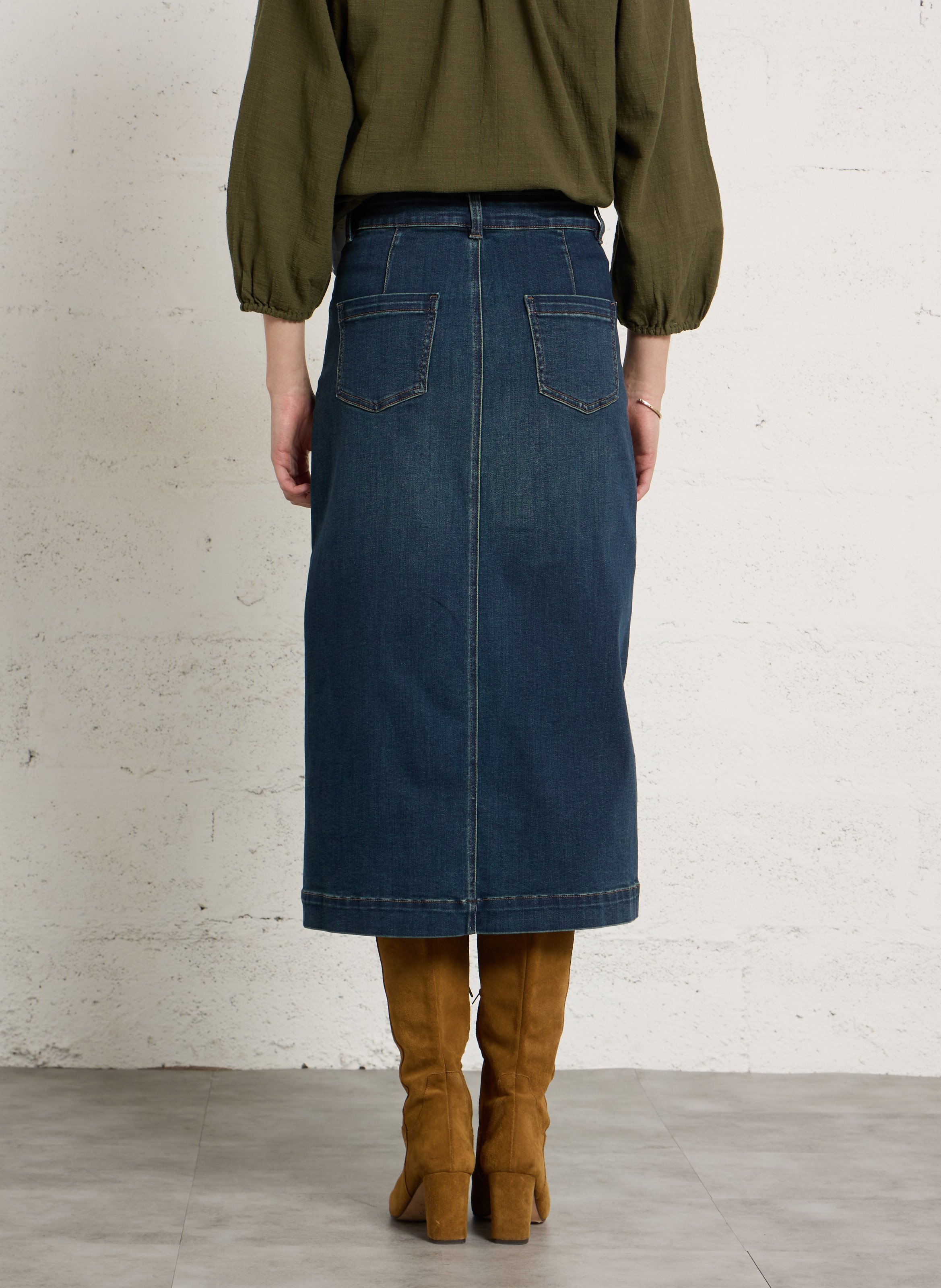 Jupe midi droite en denim de coton mélangé MAISON 123 Bleu