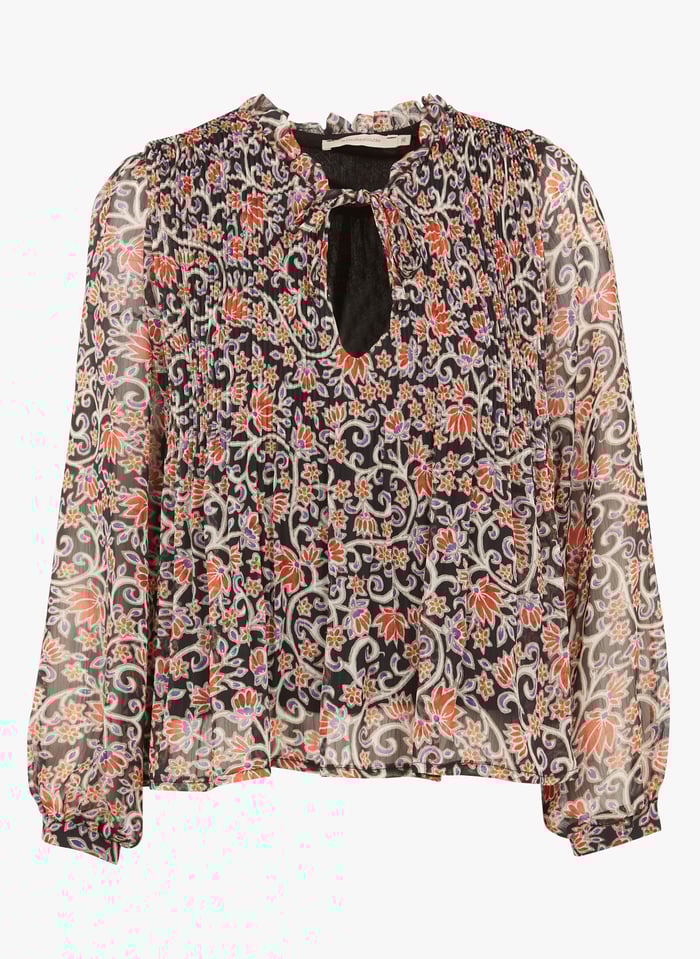 V neck Floral Print Pleated Voile Loose fit Top Multicolor La Fee