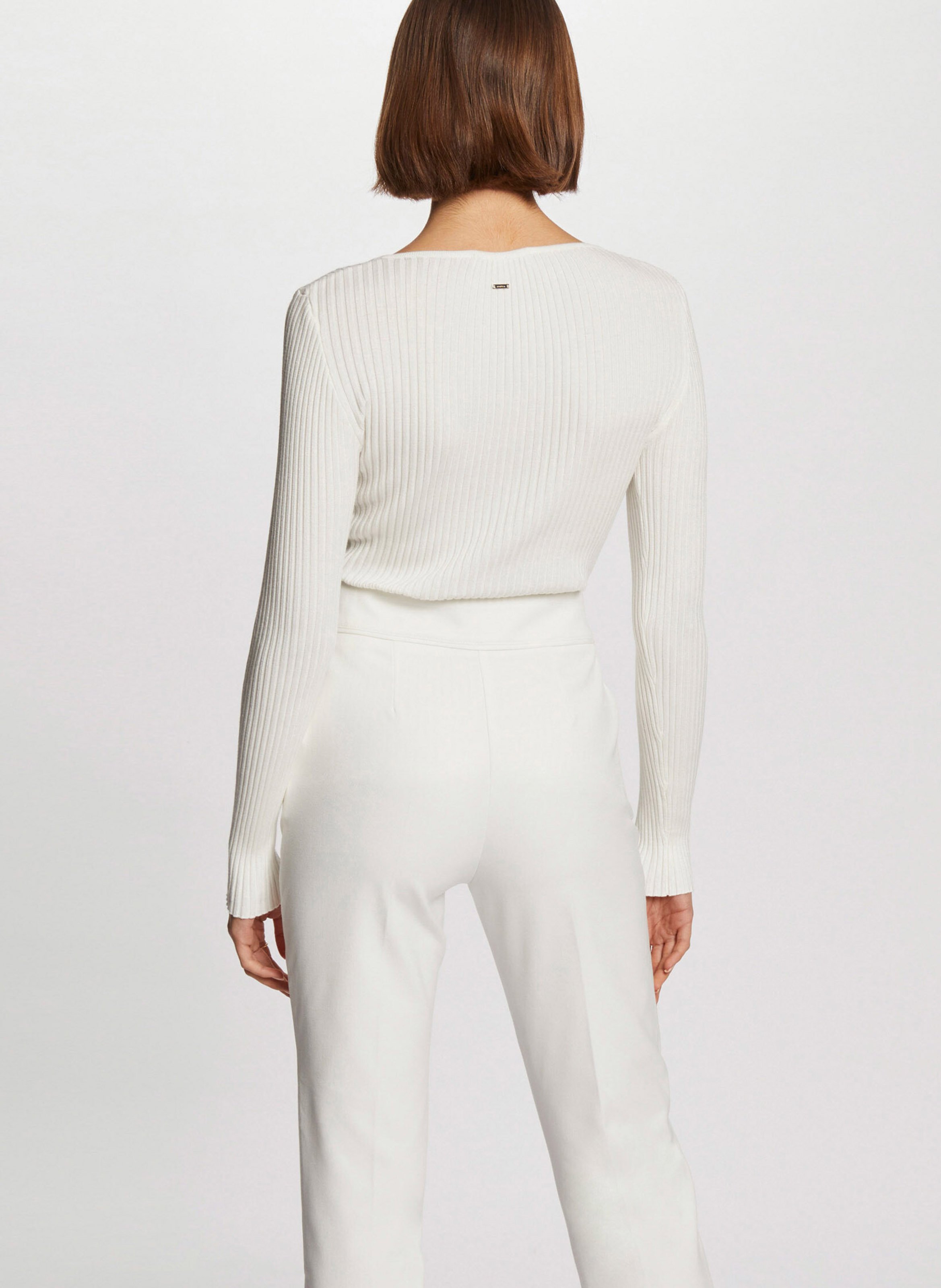 Trui van ribtricot met V-hals en rits MORGAN Beige