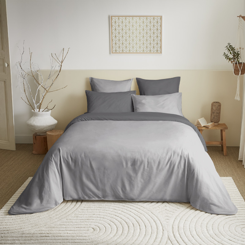 Complete set 6 pieces gray/anthracite reversible duvet cover for bed 160 x 200 cm COTON PUR Grey