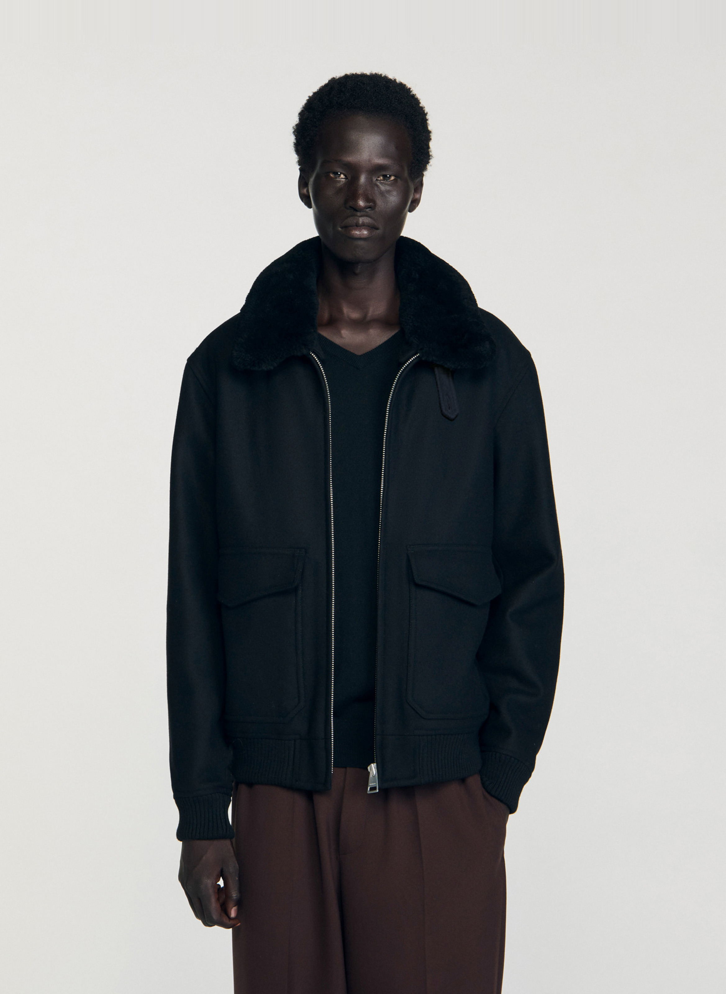 Jas met schapenvacht kraag SANDRO Zwart