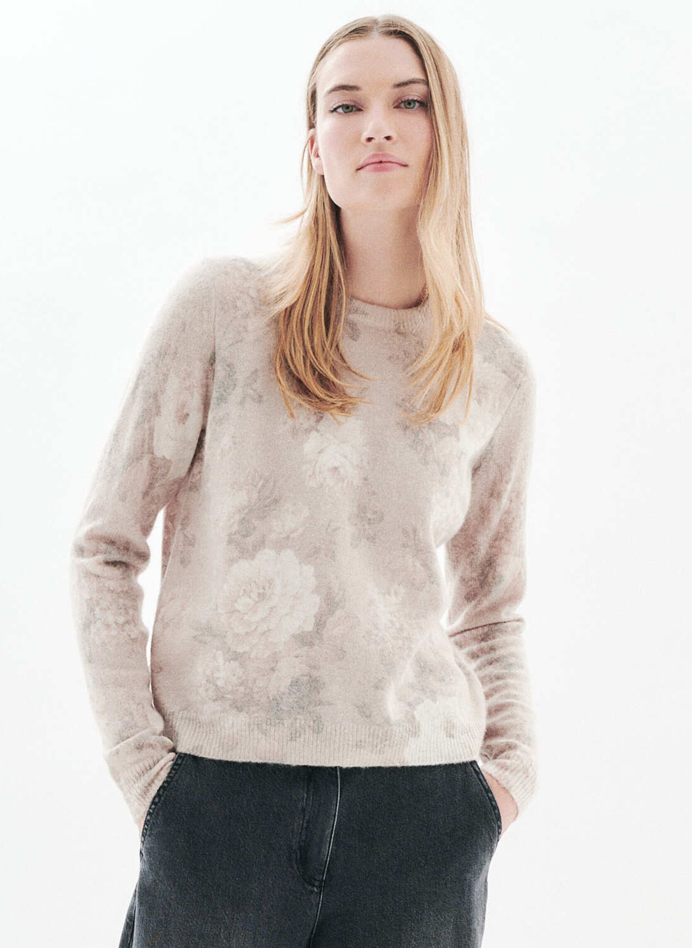 Straight round neck printed sweater CAROLL Beige