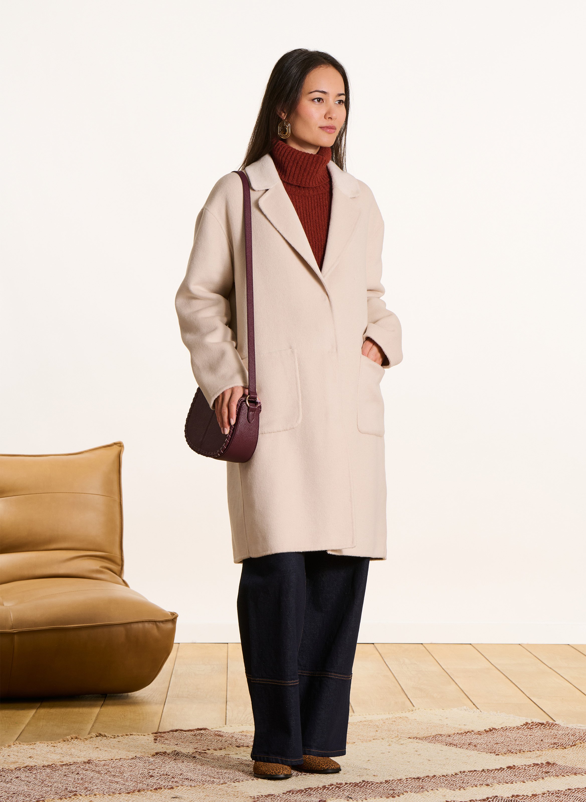 Manteau droit uni à poches en laine mélangée LA FEE MARABOUTEE Blanc