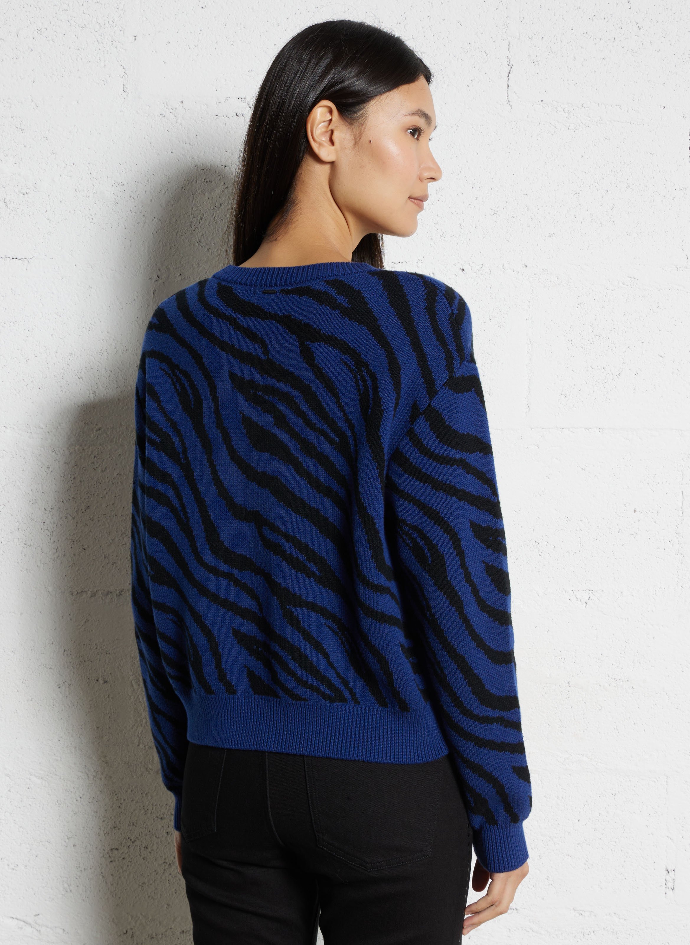 Oversized Rundhalsausschnitt-Pullover mit Zebramuster aus Baumwollmischung IKKS Blau