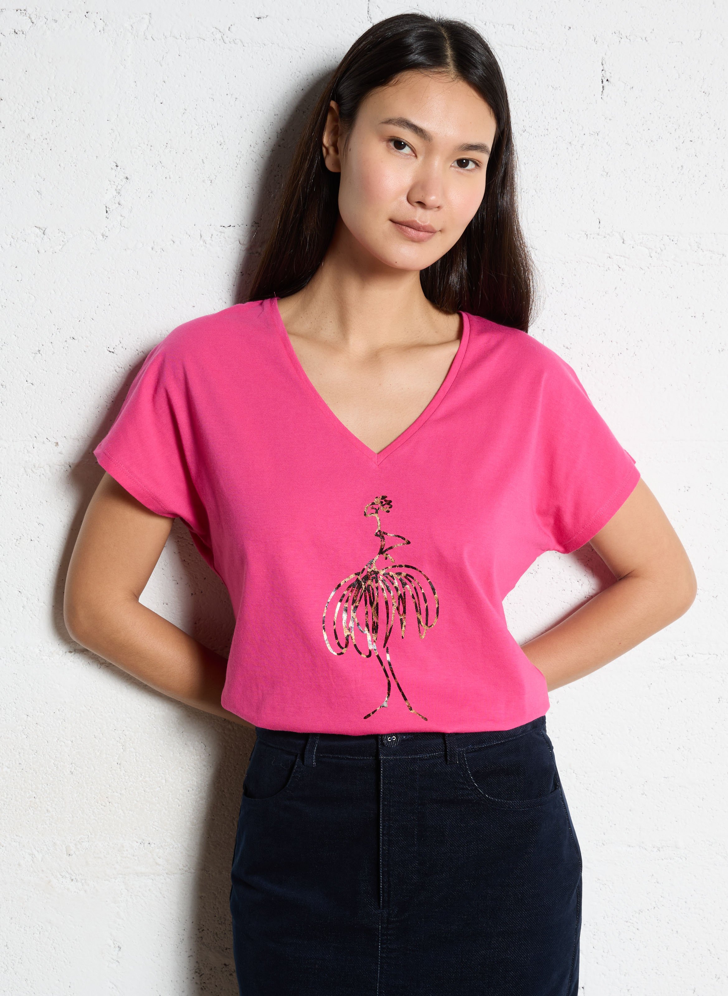 Tee-shirt col V  ONE STEP Rose