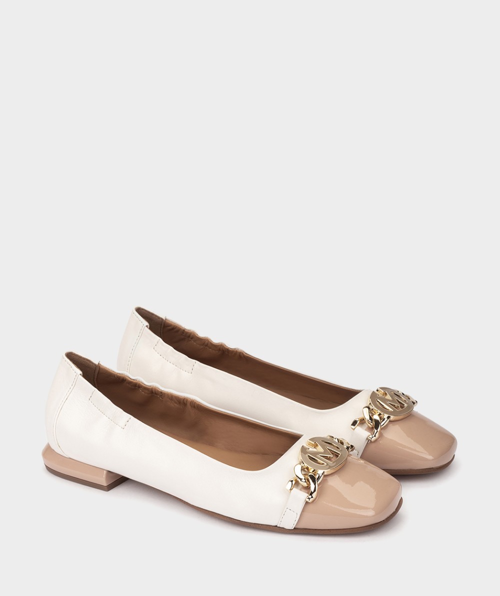 Two-tone leather and patent leather ballerina flats with embellishments PEDRO MIRALLES White
