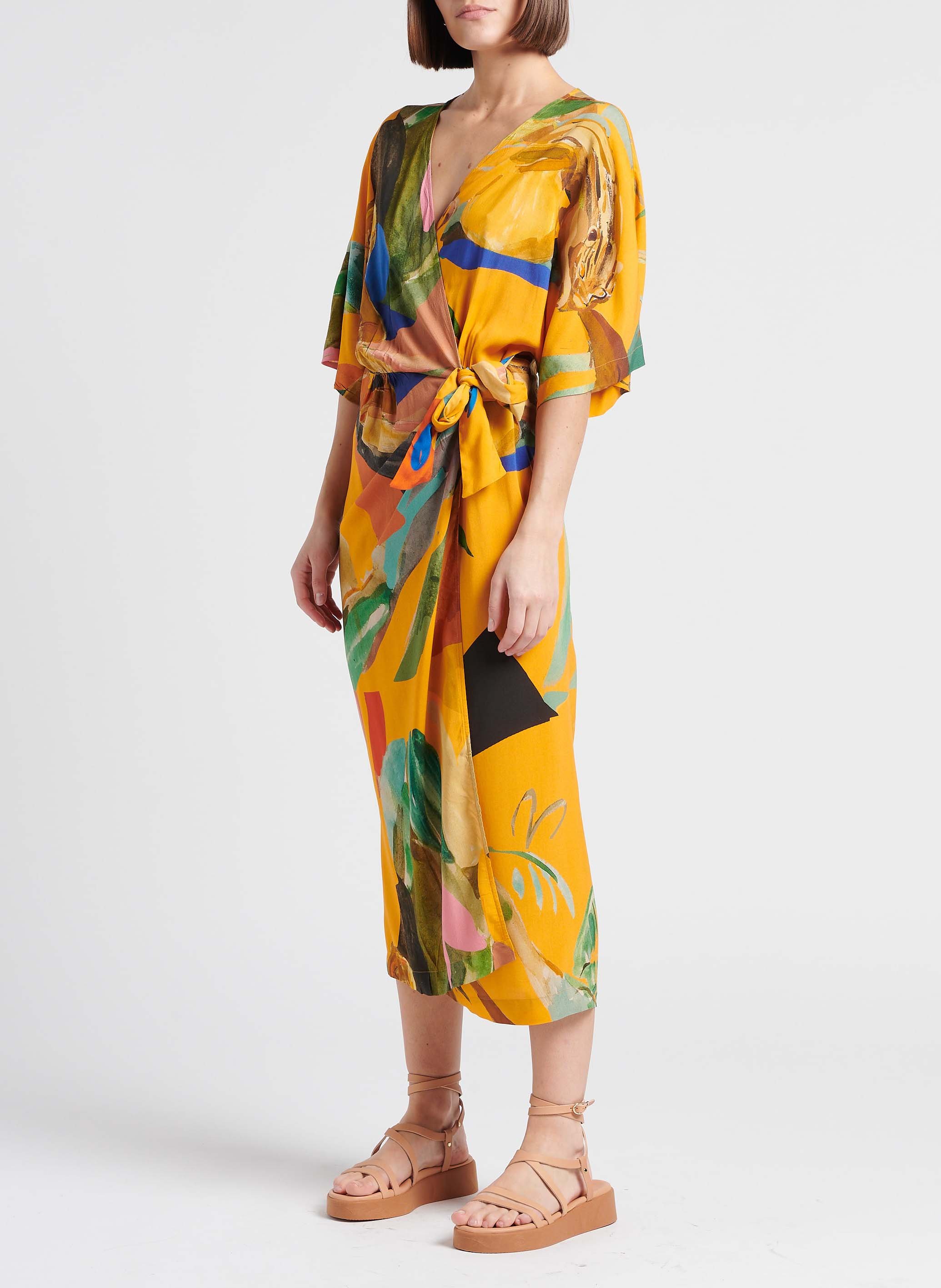 Robe longue col V imprimé tropical G.KERO Orange