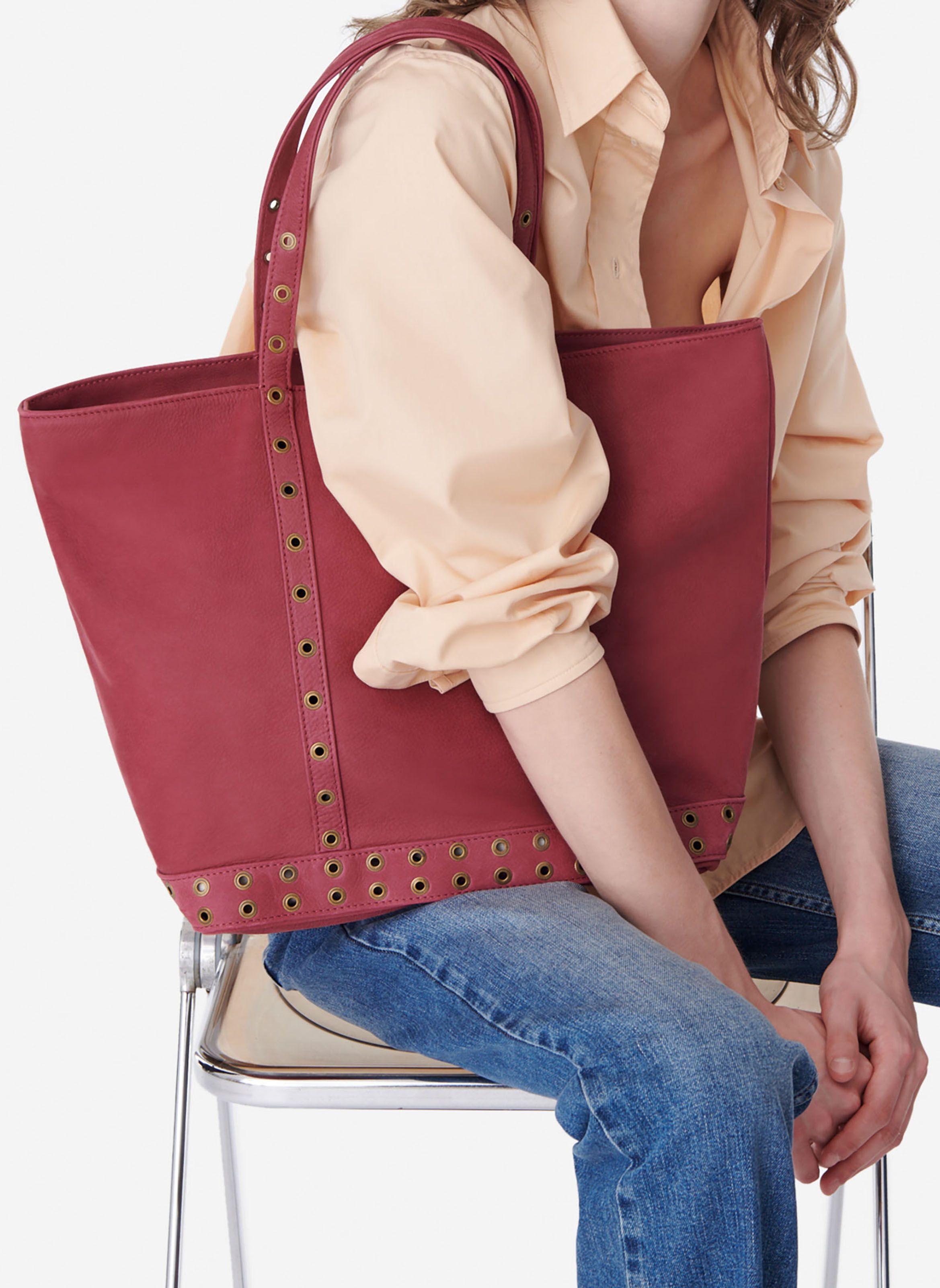 Red Leather tote bag with eyelets