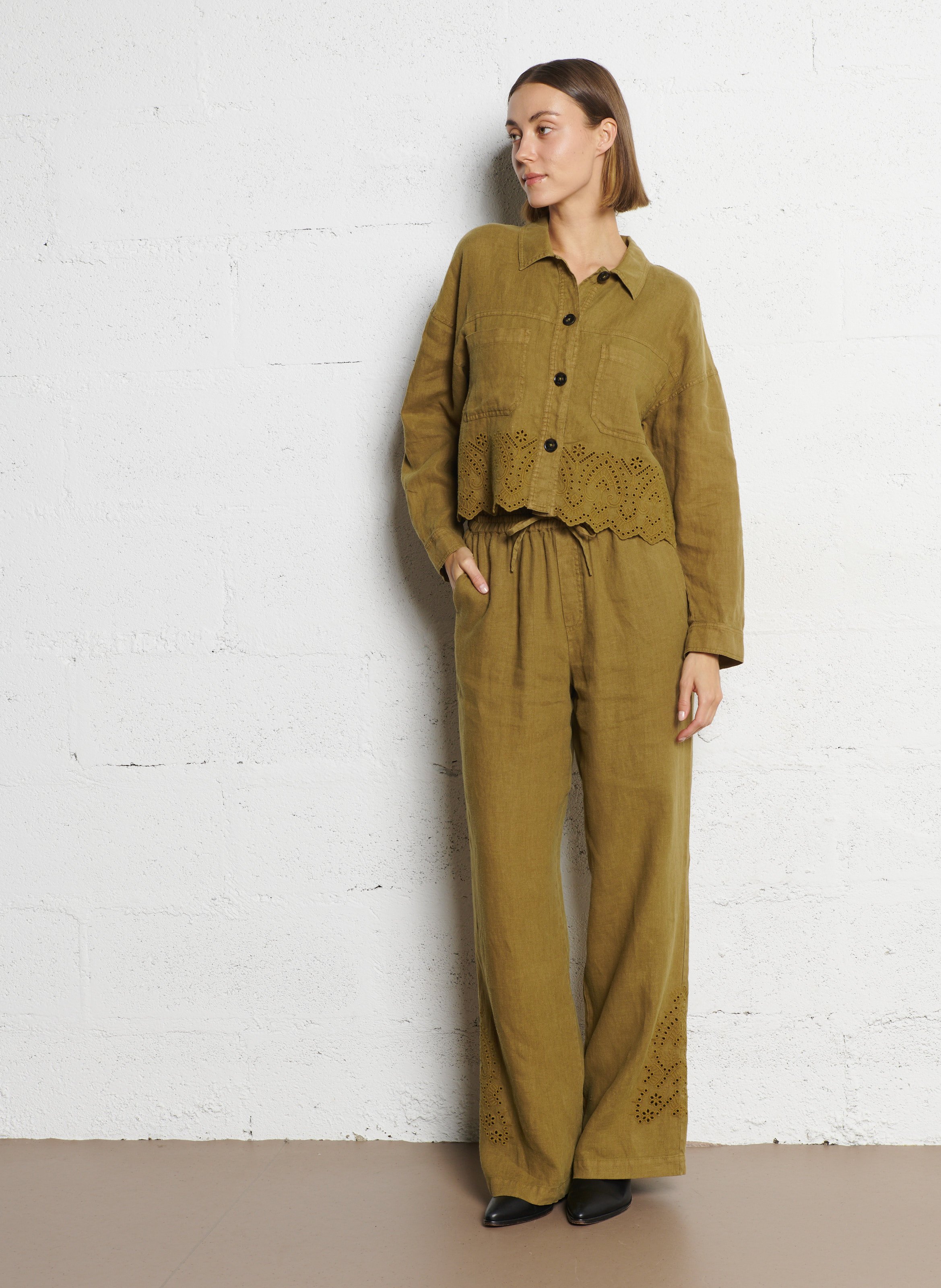 Pantalon large en lin IKKS Kaki