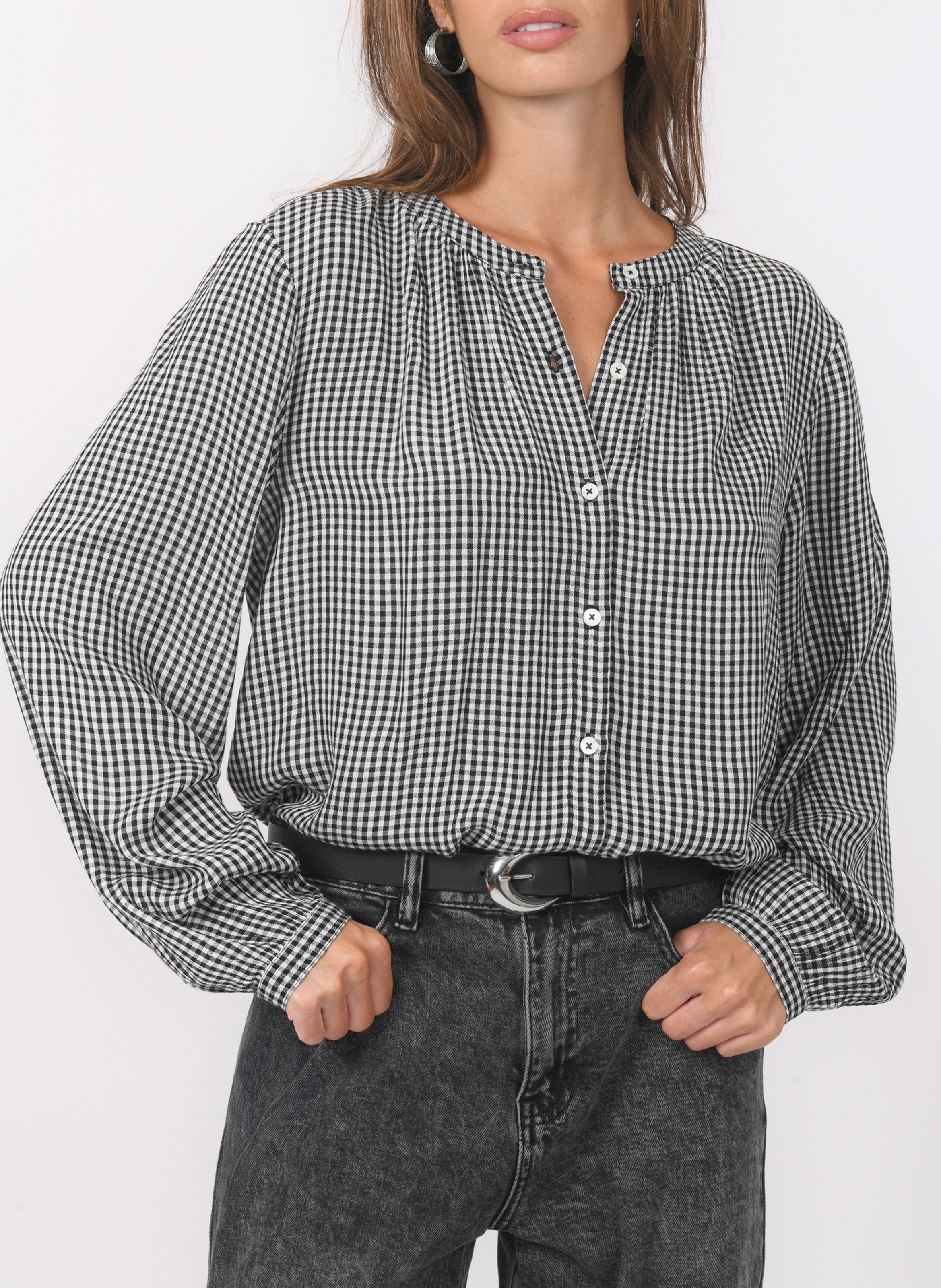 Chemise col rond motif vichy KOOKAI Noir