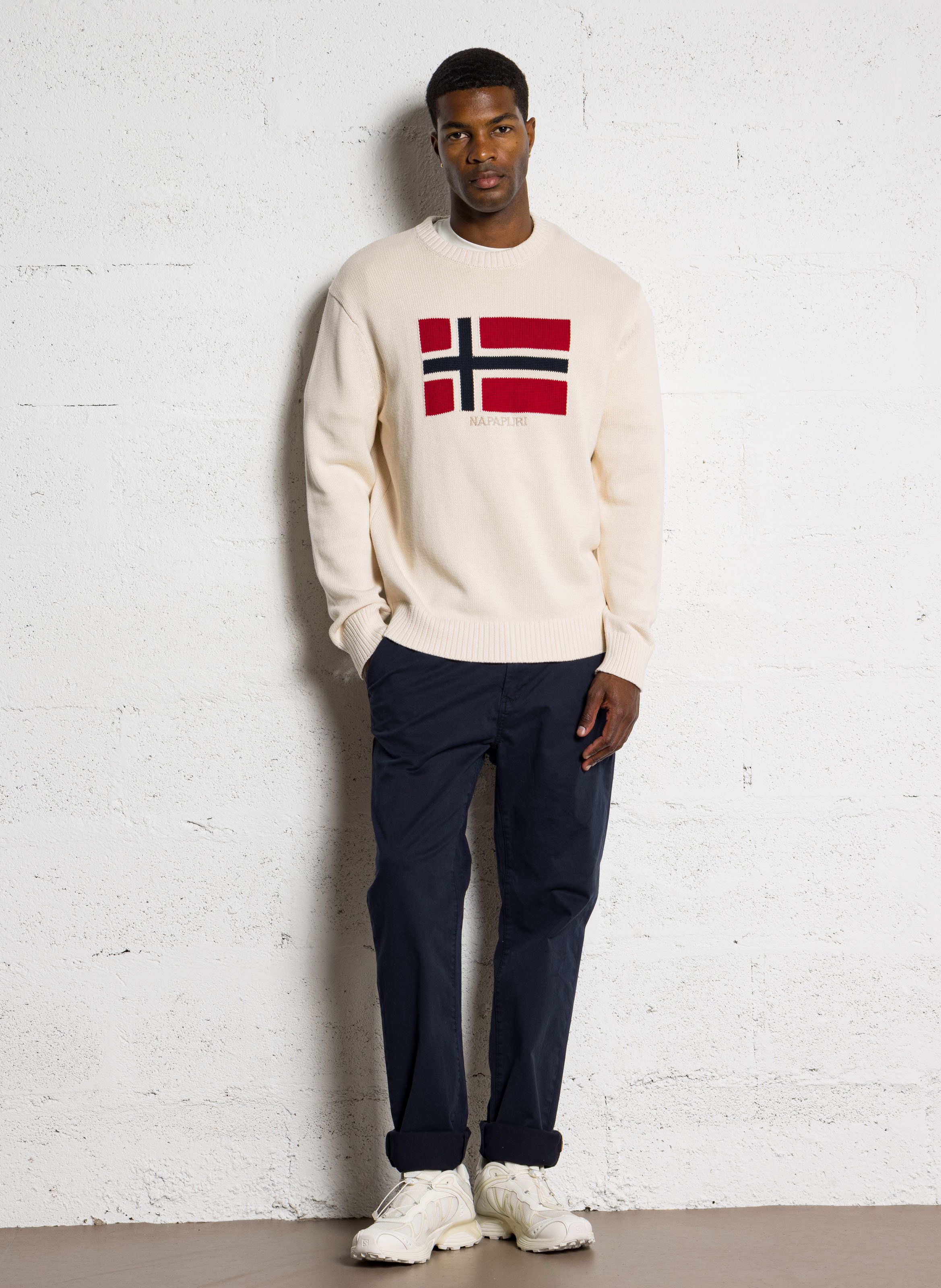 Pull ample col rond jacquard en coton NAPAPIJRI Beige