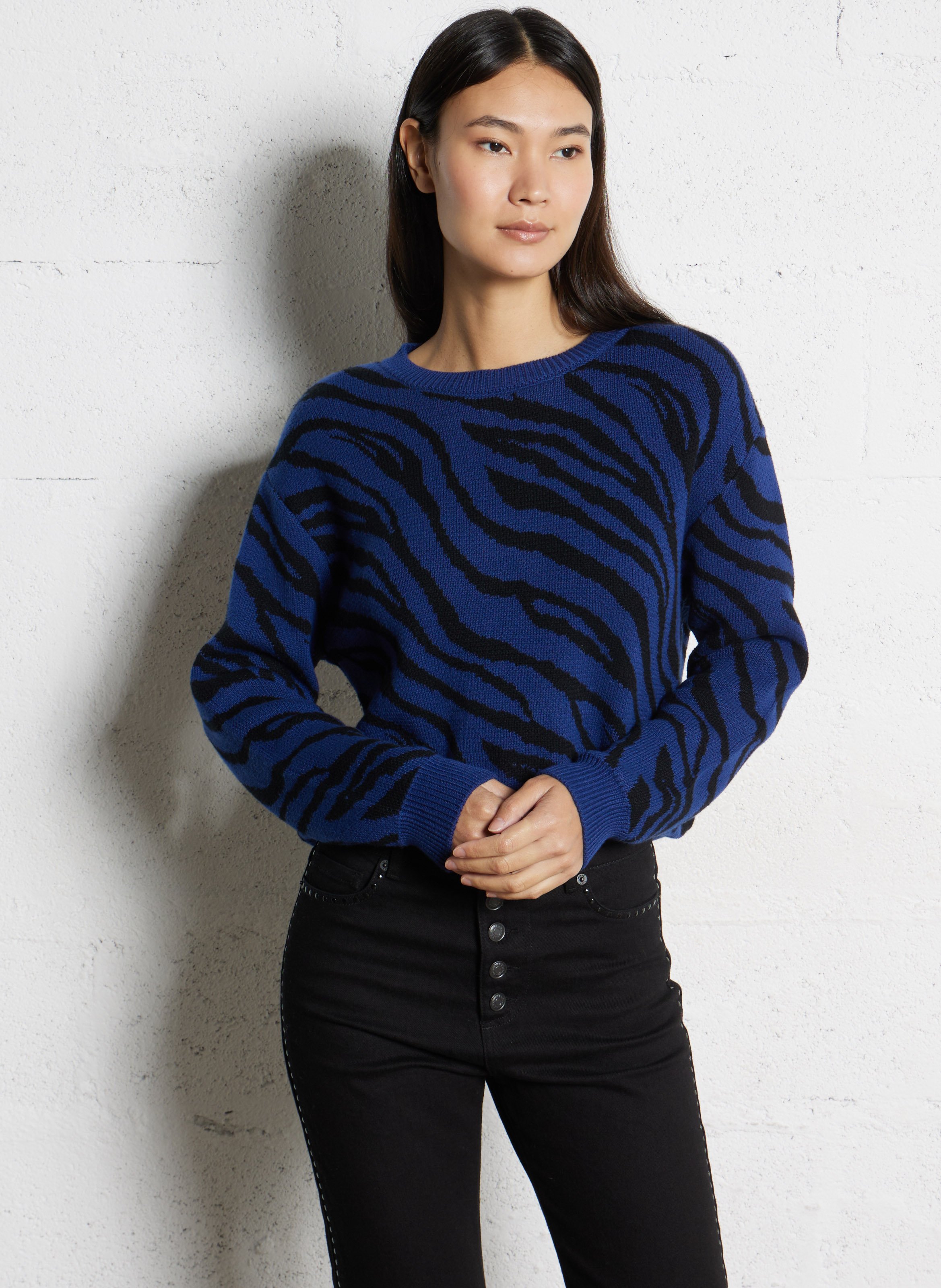 Oversized Rundhalsausschnitt-Pullover mit Zebramuster aus Baumwollmischung IKKS Blau