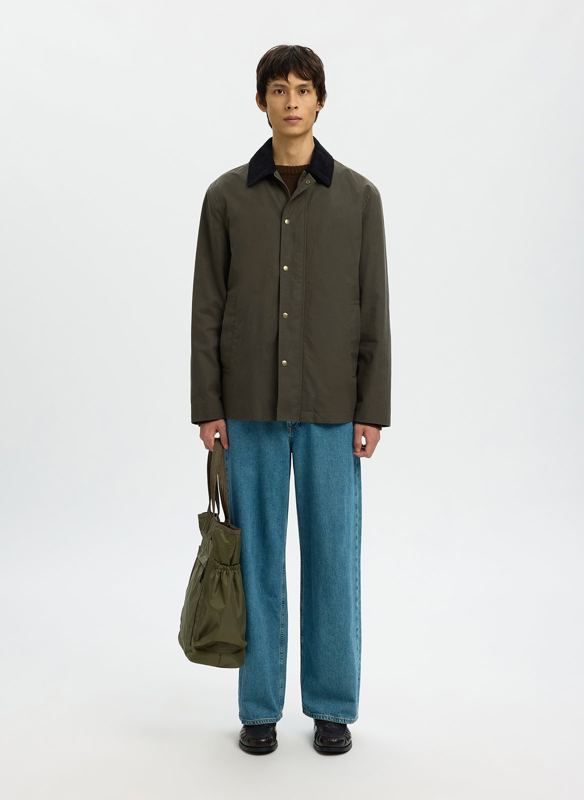 Straight cotton coat with classic collar SELECTED Green