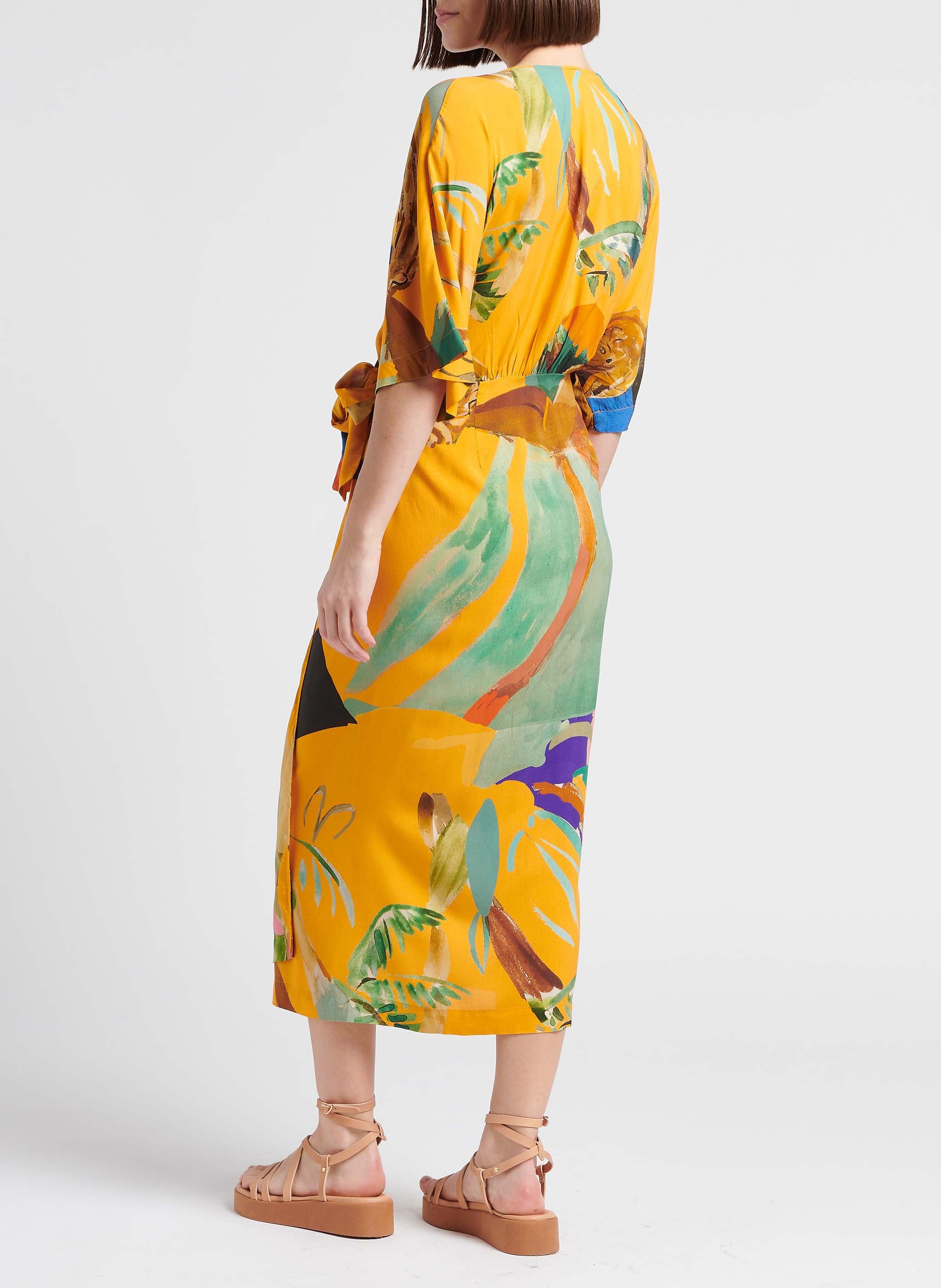 Robe longue col V imprimé tropical G.KERO Orange