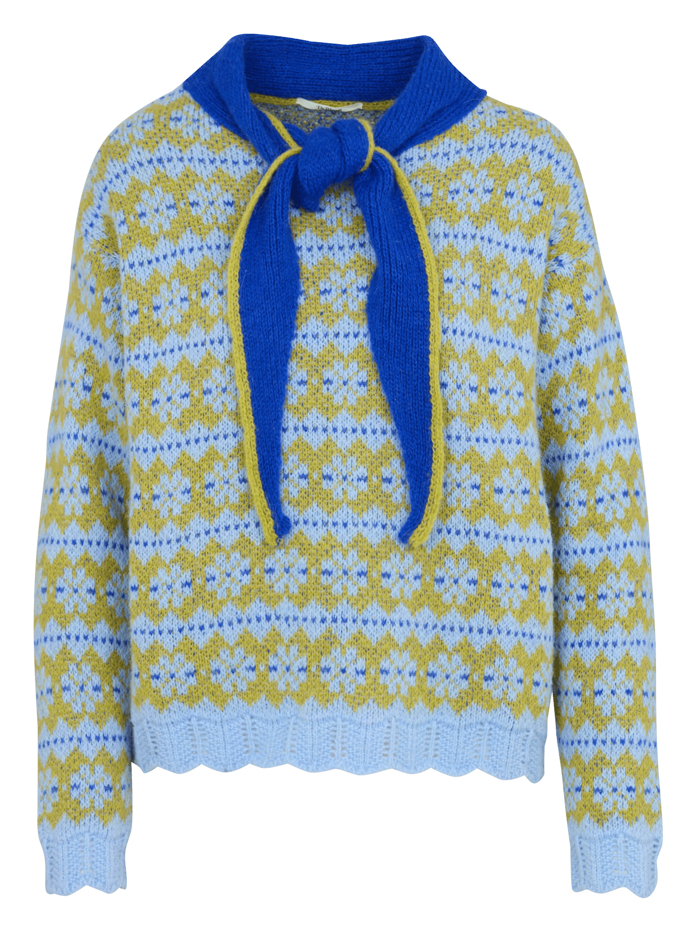 Gerader Pullover mit Lavallière-Kragen aus bedrucktem Strick DR BLOOM Blau