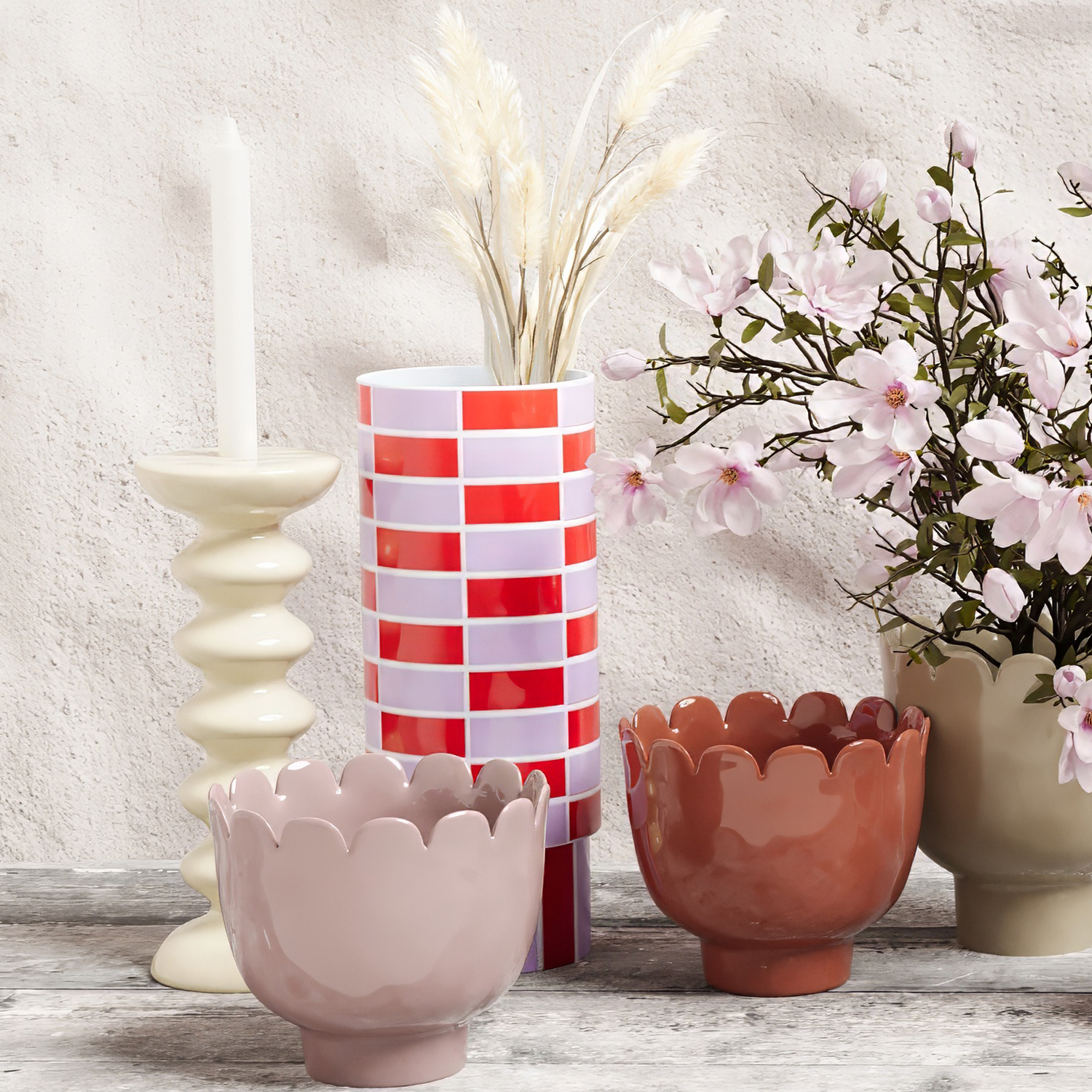 Ceramic tube vase with checkerboard pattern POTIRON PARIS Red