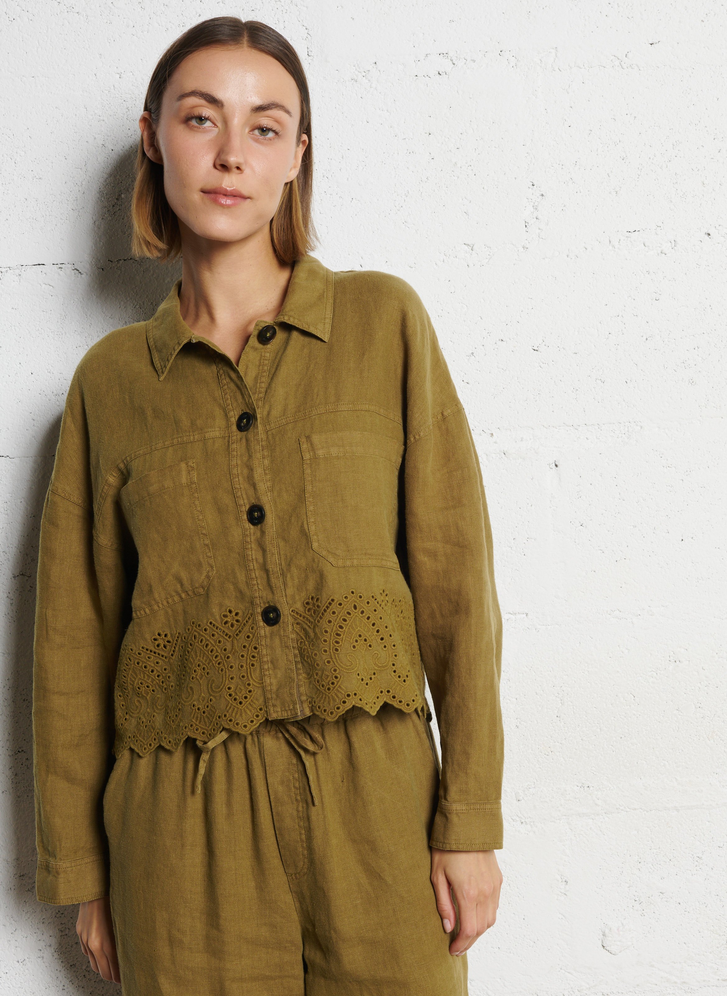 Straight linen shirt with embroidery IKKS Khaki