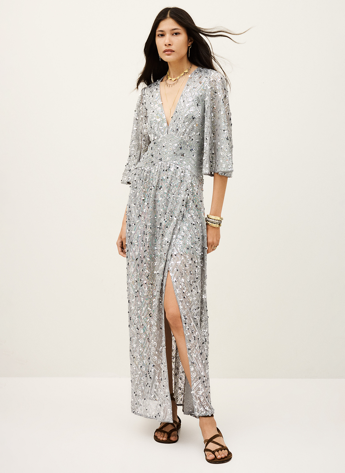 Lange jurk met V-hals en lovertjes BA&SH Zilver