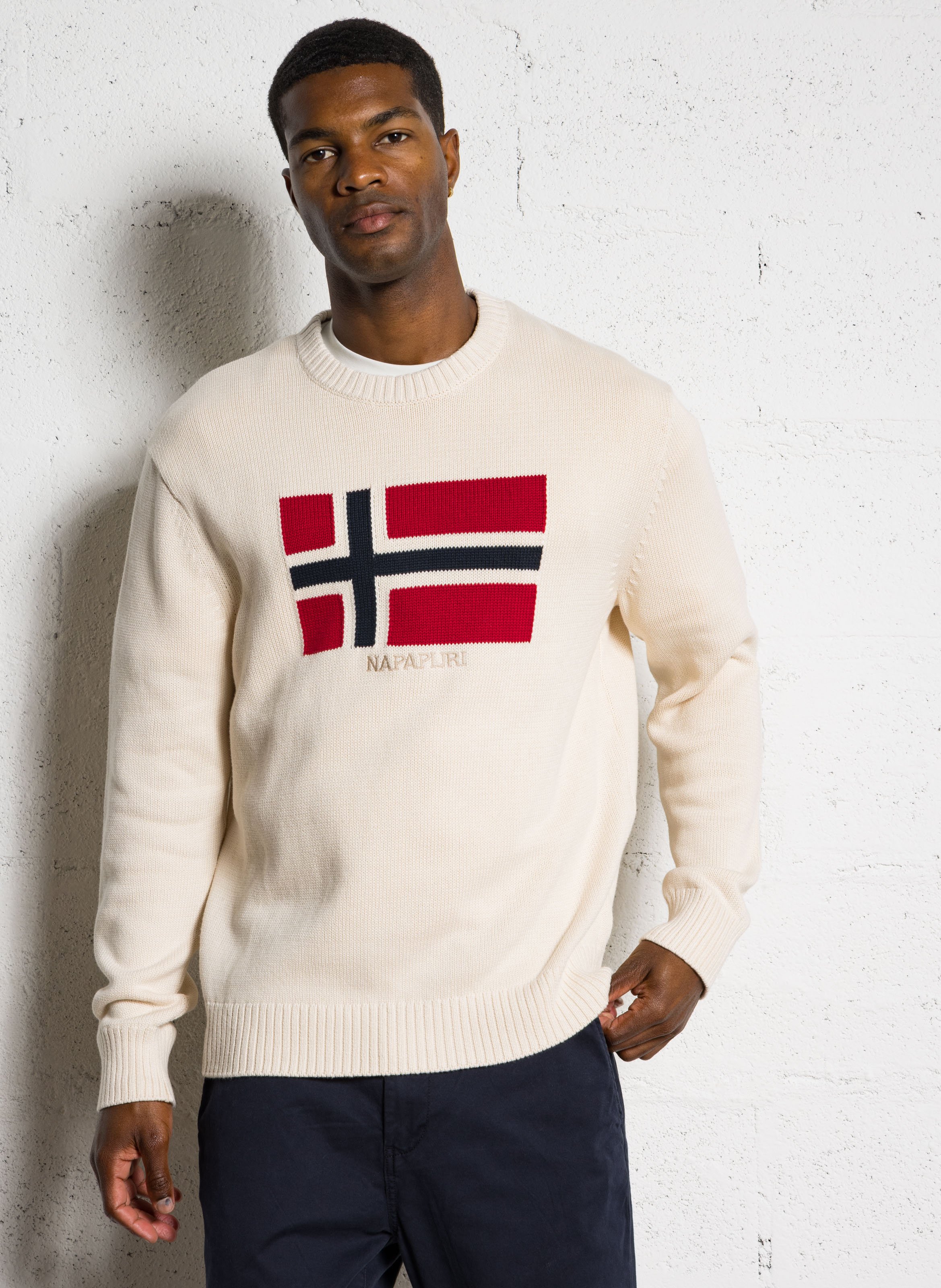 Pull ample col rond jacquard en coton NAPAPIJRI Beige