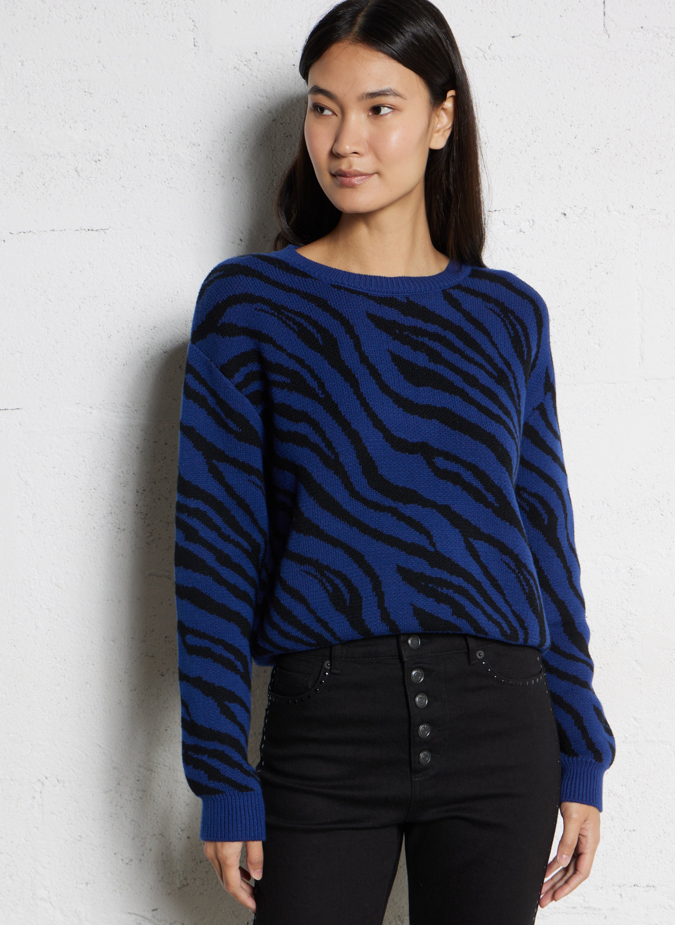 Oversized Rundhalsausschnitt-Pullover mit Zebramuster aus Baumwollmischung IKKS Blau