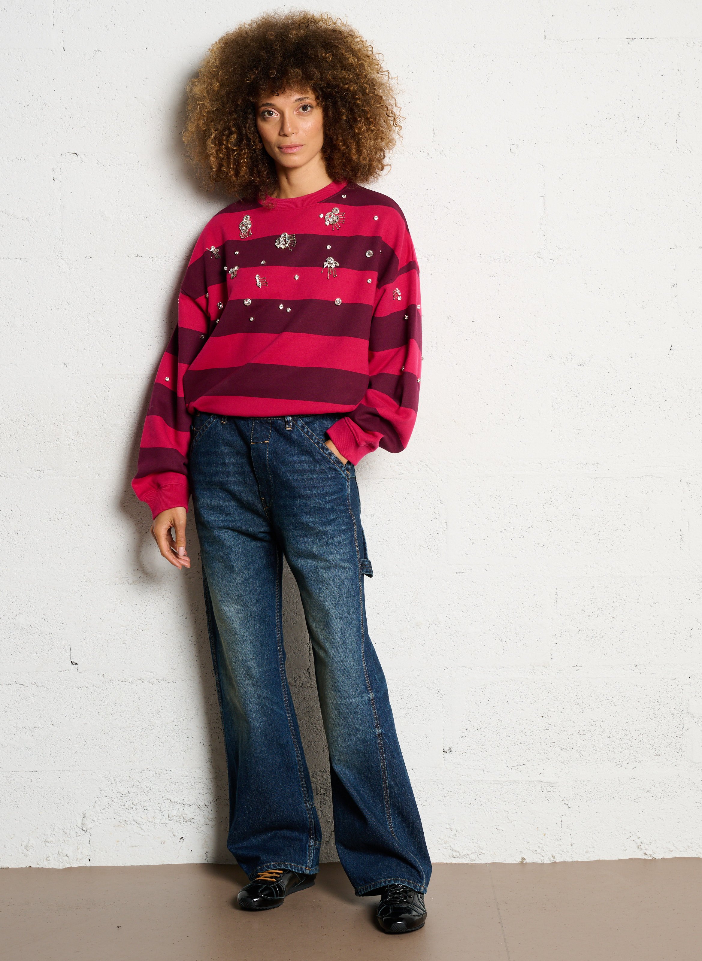 Sweat ample col rond rayé à bijoux en coton bio FABIENNE CHAPOT Rouge