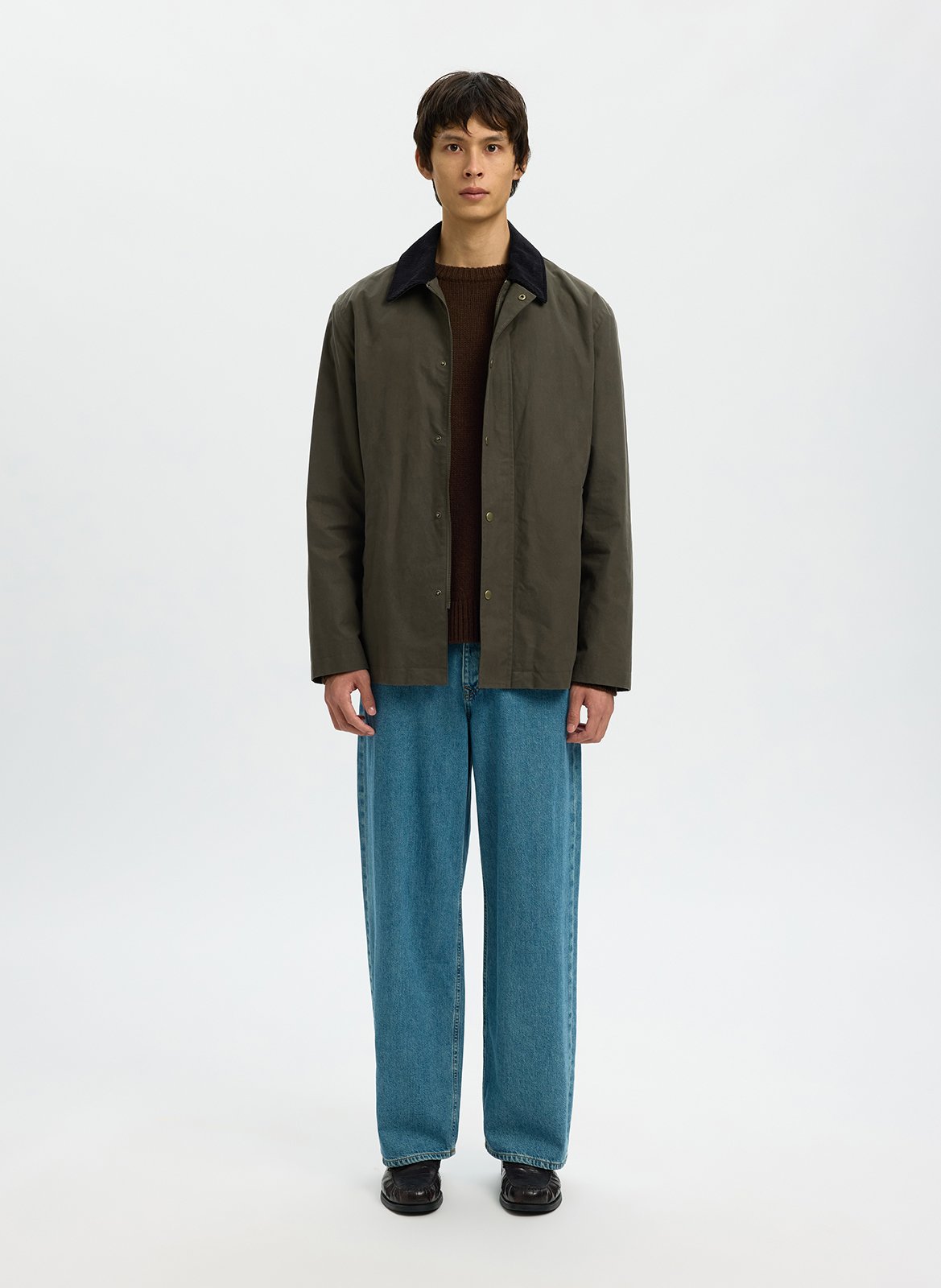 Straight cotton coat with classic collar SELECTED Green