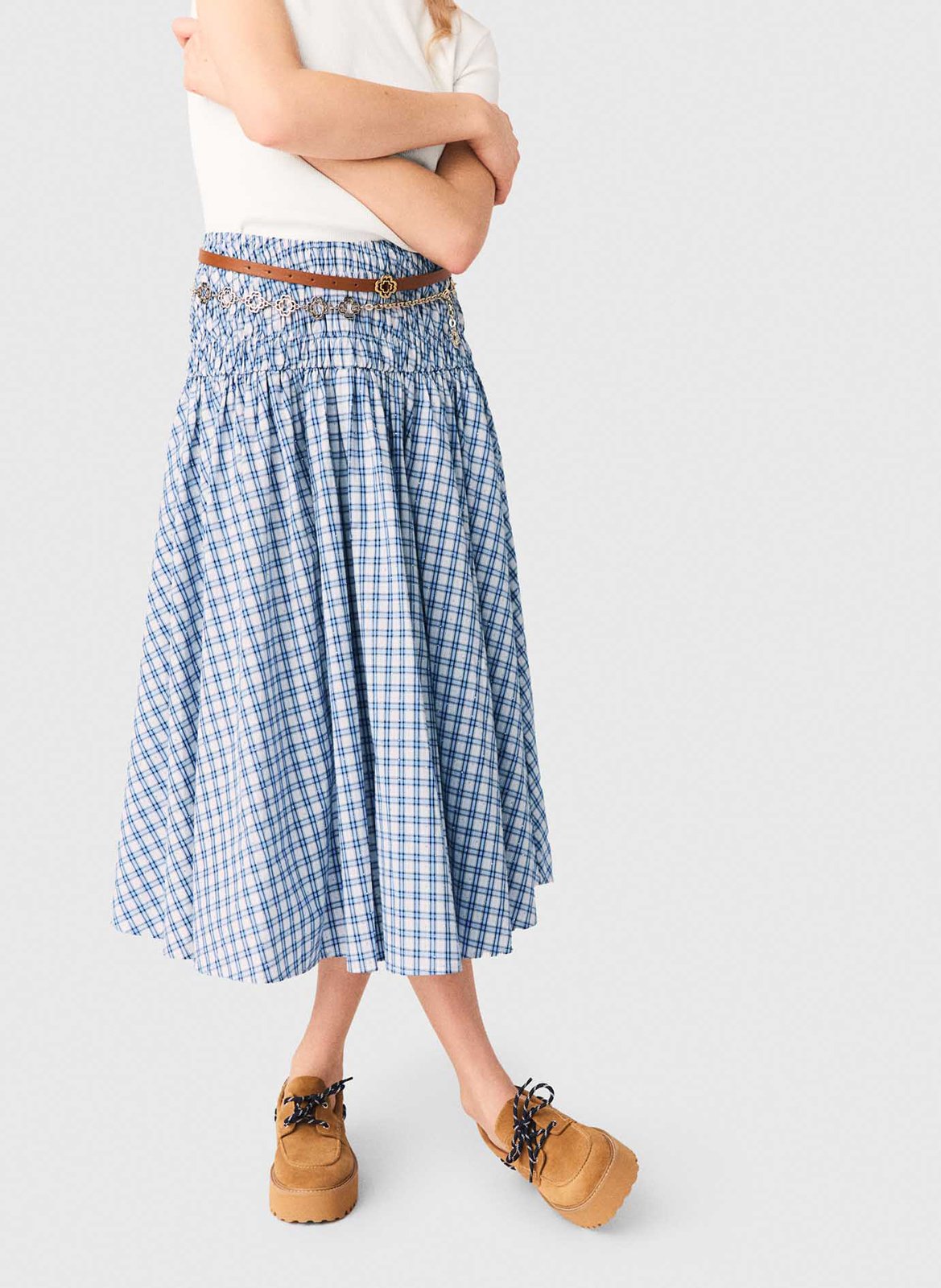 Jupe longue évasée à carreaux en coton MAJE Bleu