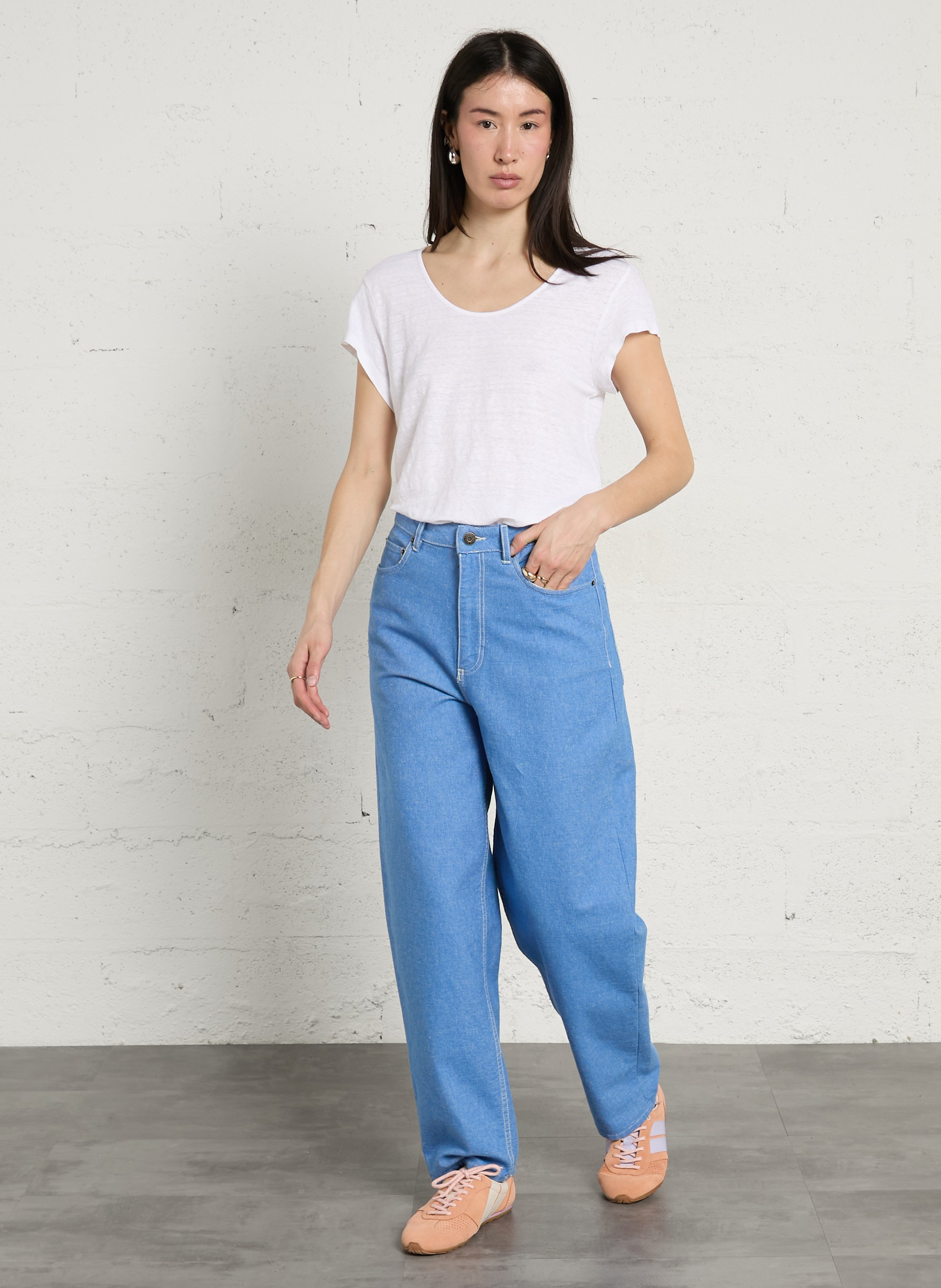 Straight linen-blend T-shirt with round neck AMERICAN VINTAGE White