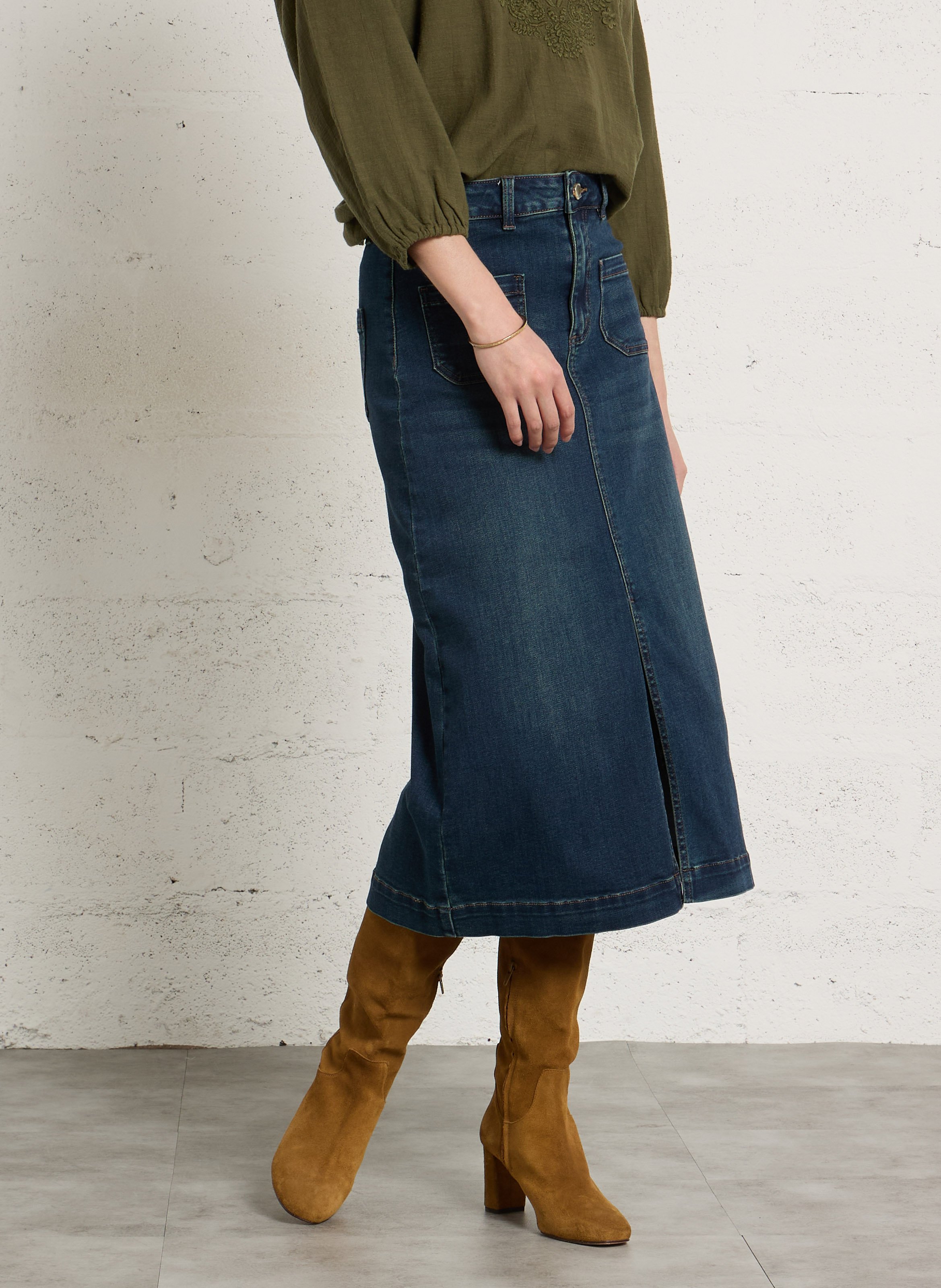 Jupe midi droite en denim de coton mélangé MAISON 123 Bleu