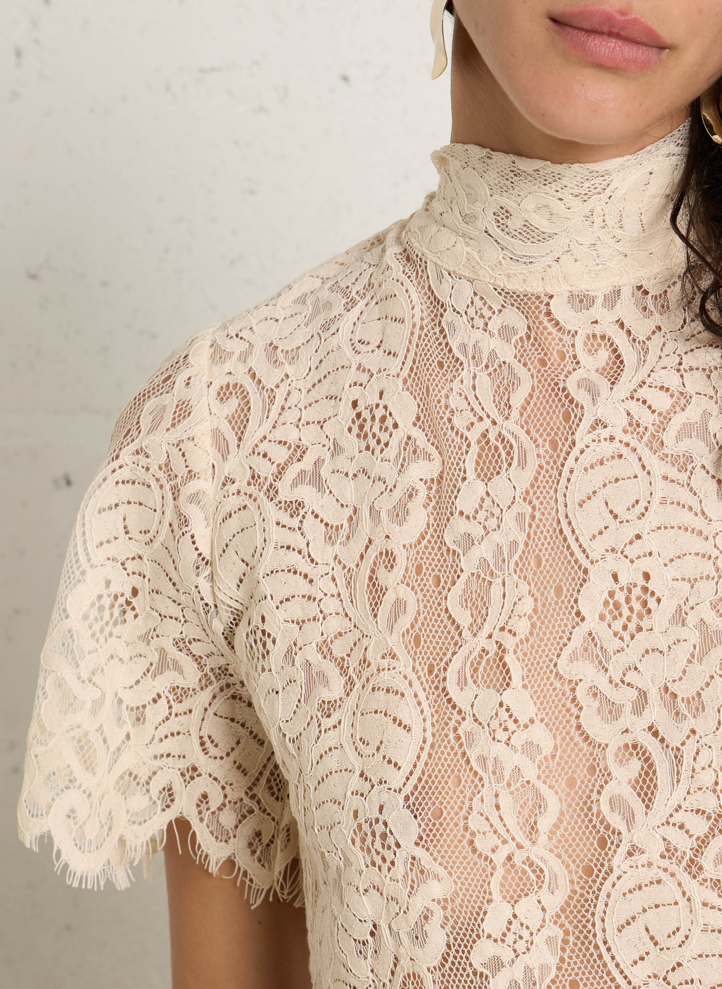 Top droit col montant en dentelle IMPERIAL Beige