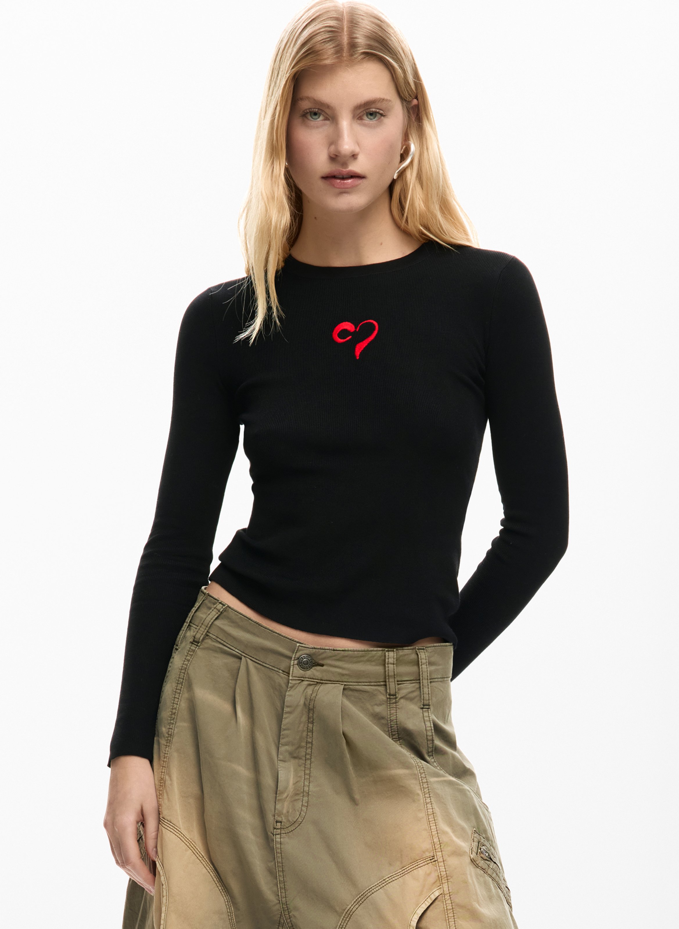 Pull à broderie cœur en maille fine DESIGUAL Noir