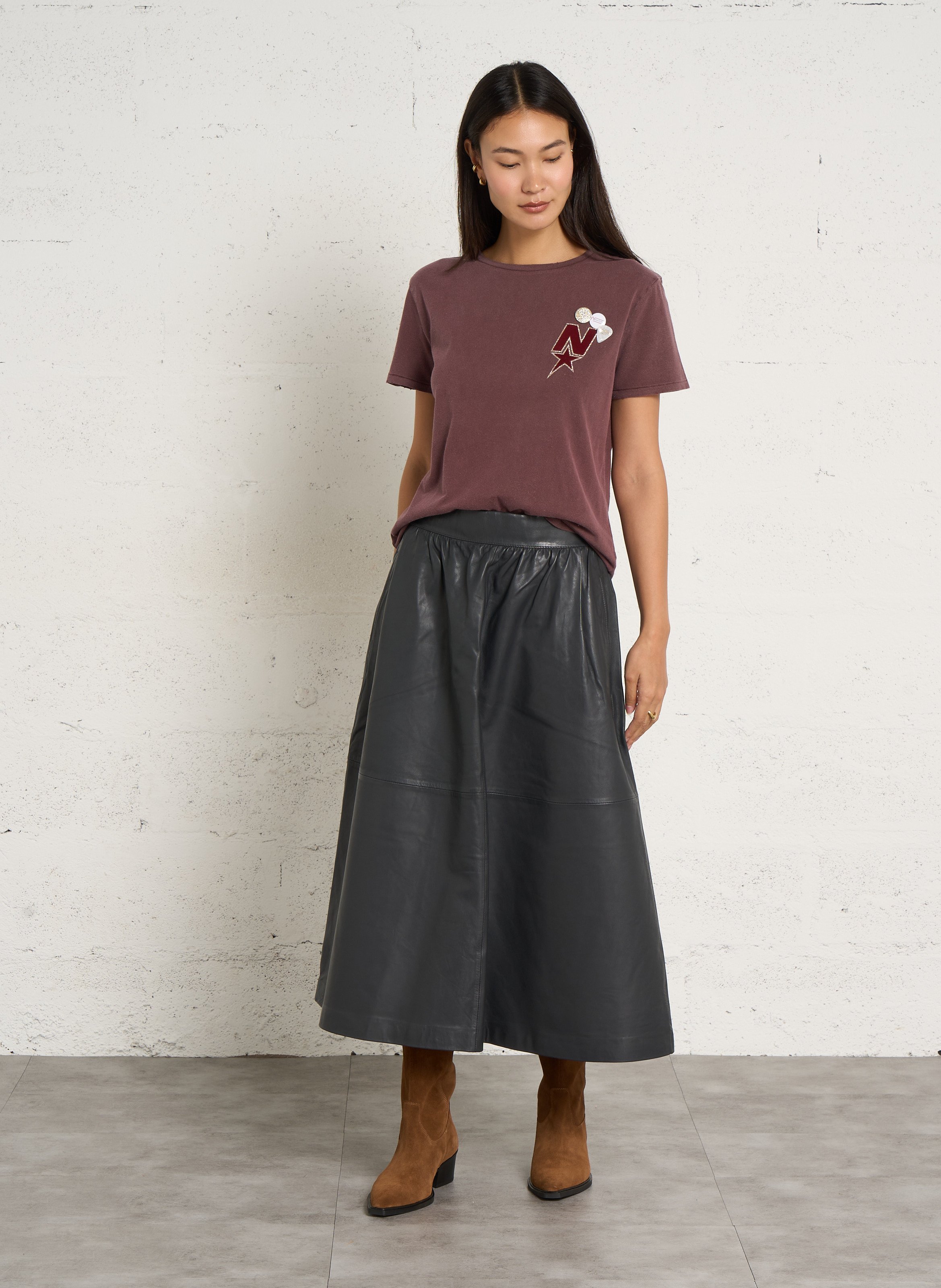 Jupe midi évasée en cuir BELLEPIECE Gris