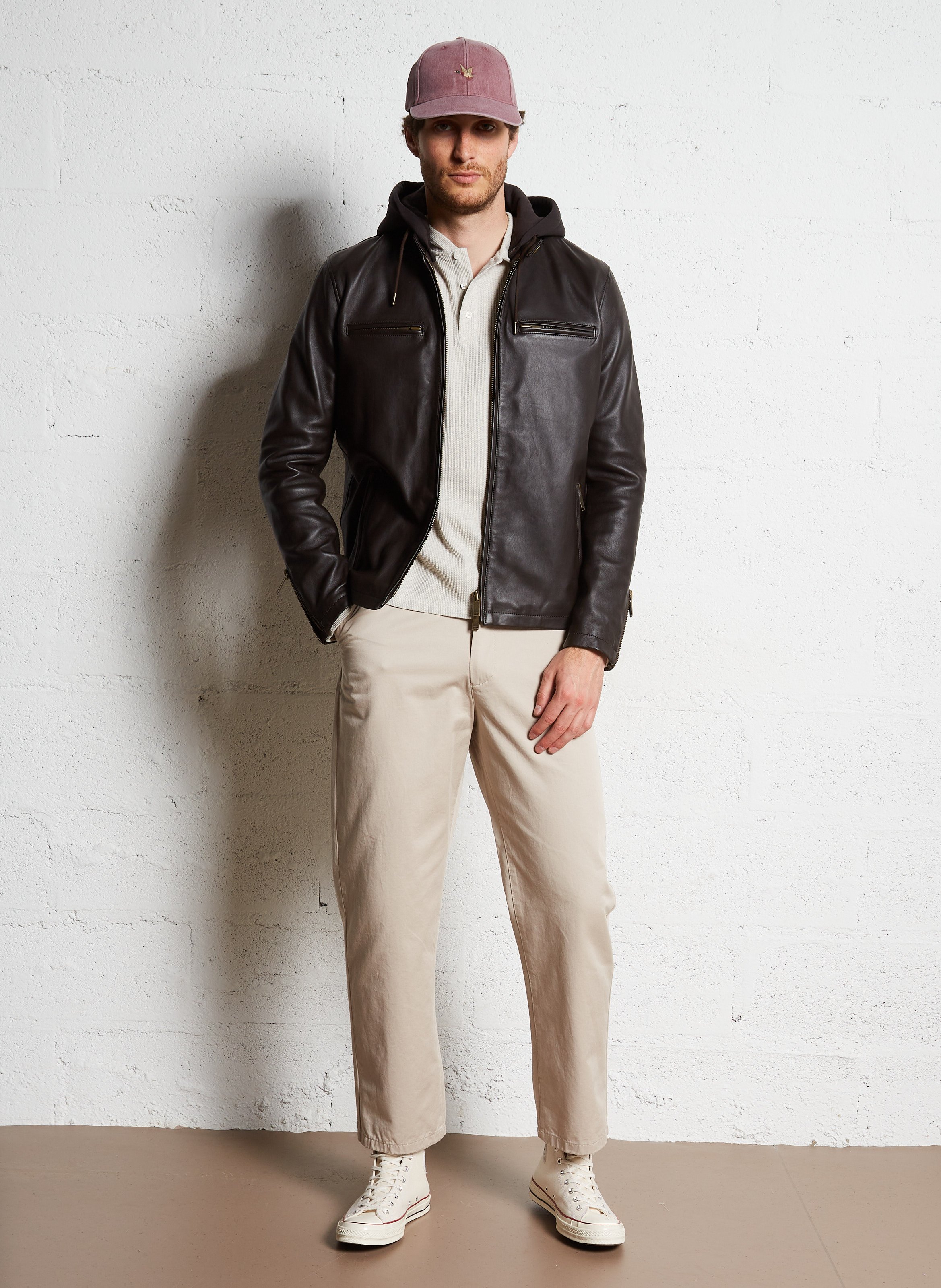 Blouson droit en cuir CHEVIGNON Marron