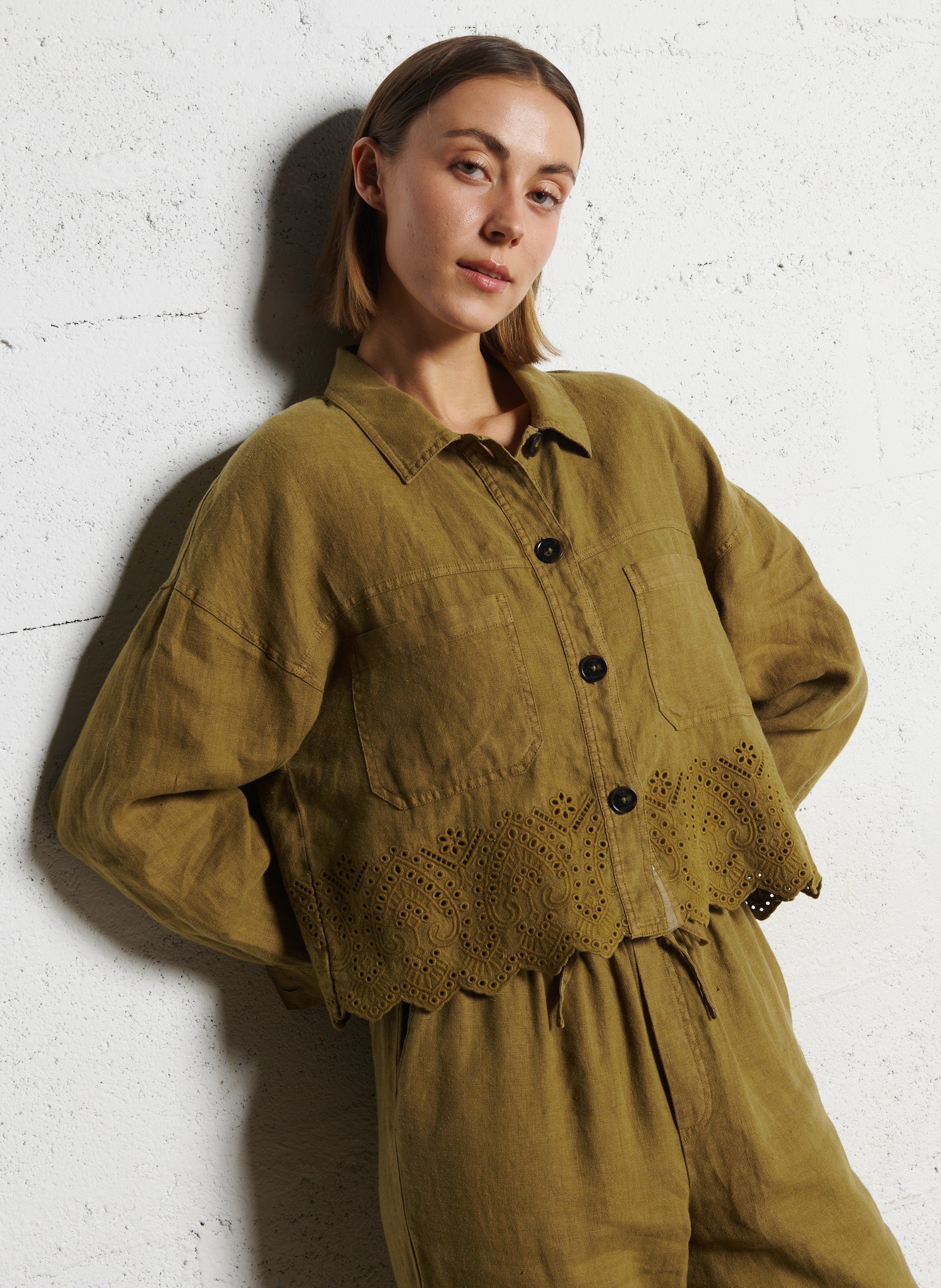 Straight linen shirt with embroidery IKKS Khaki
