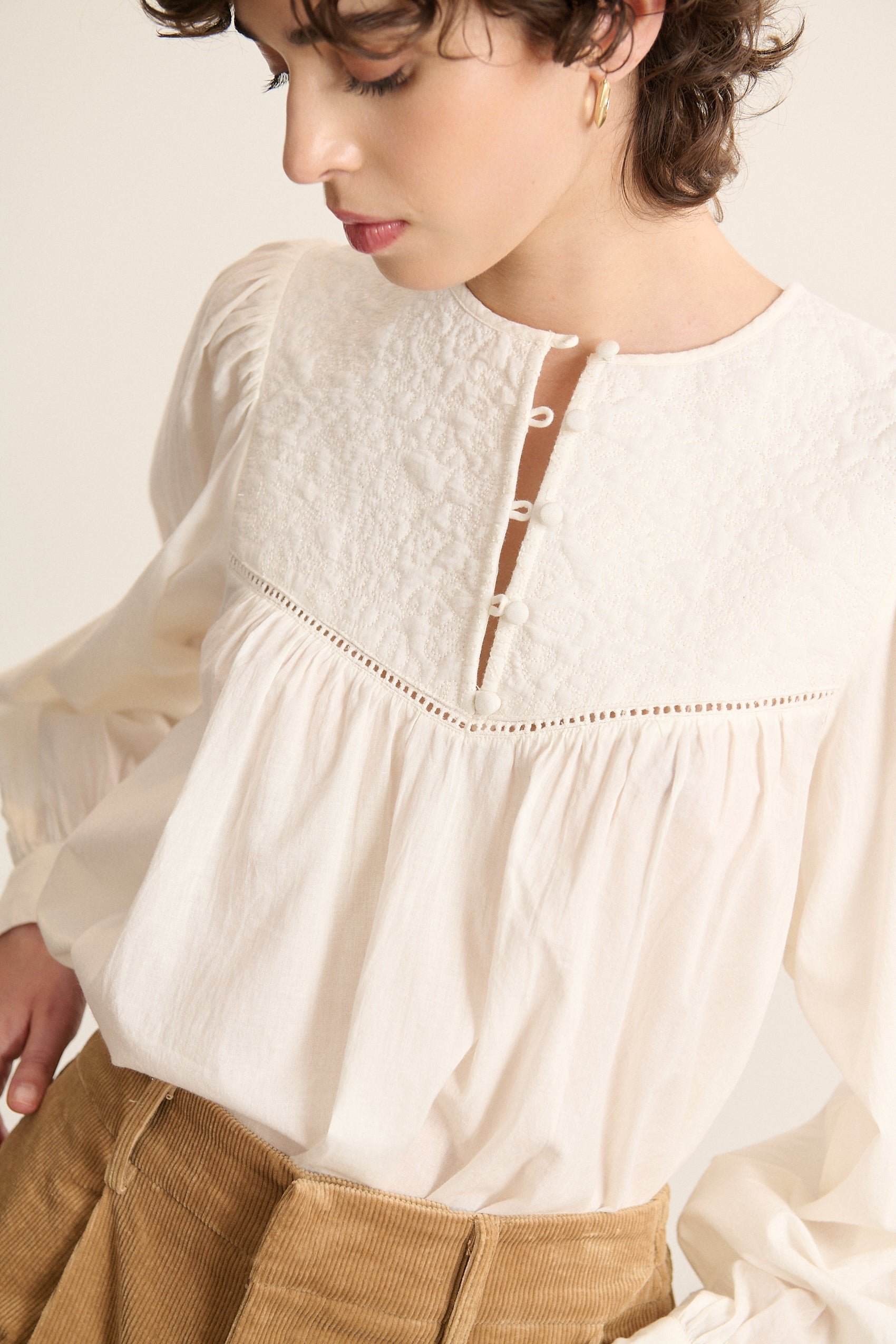 Loose blouse with long embroidered sleeves GARANCE PARIS White
