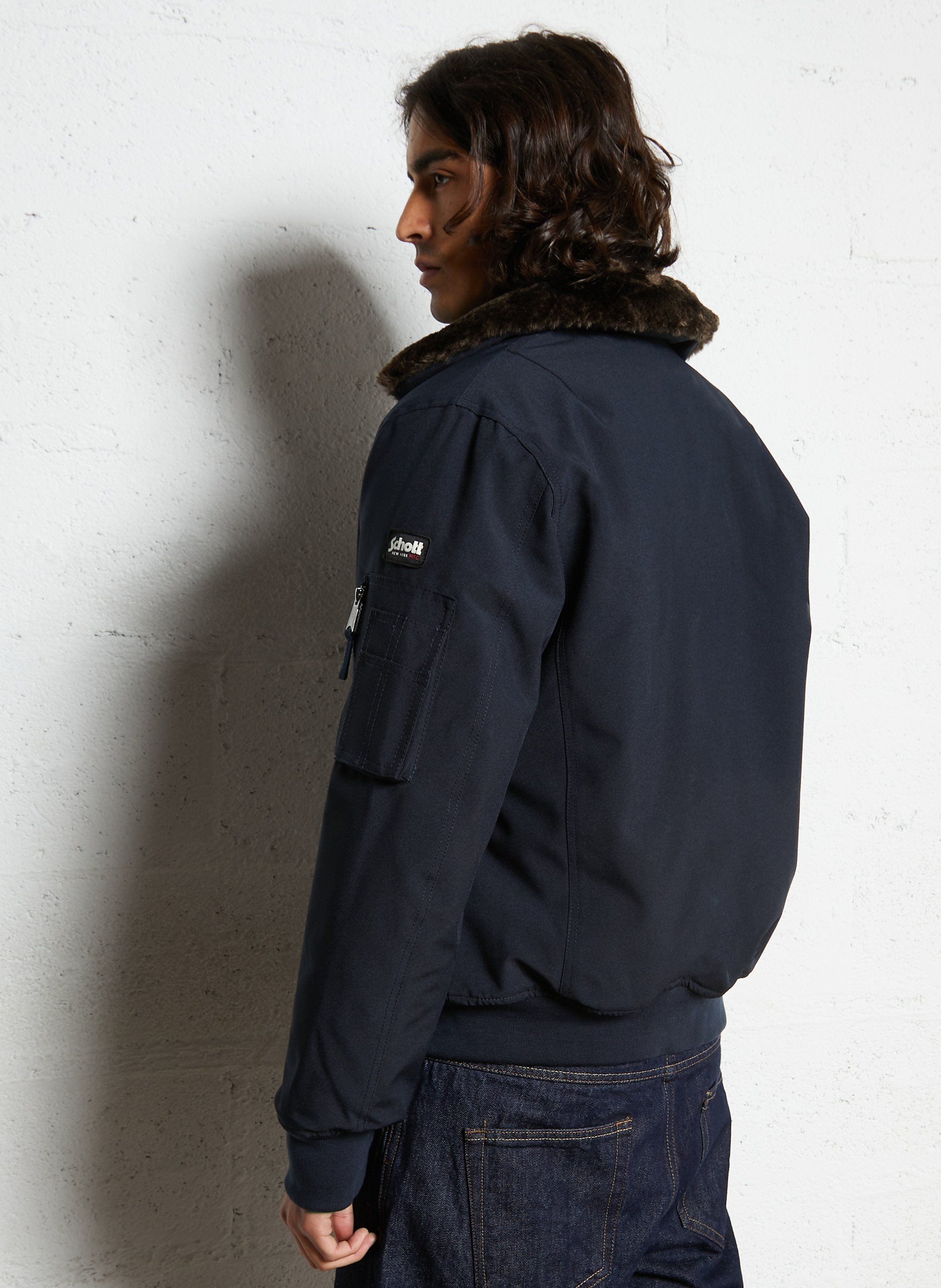 Blouson pilote ample uni à col fourrure SCHOTT Bleu