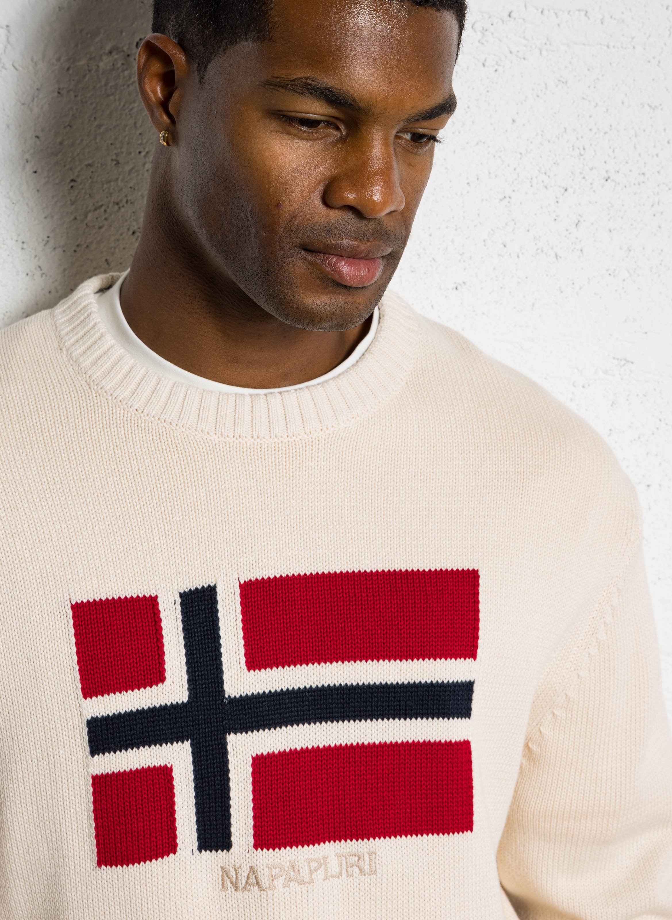 Pull ample col rond jacquard en coton NAPAPIJRI Beige