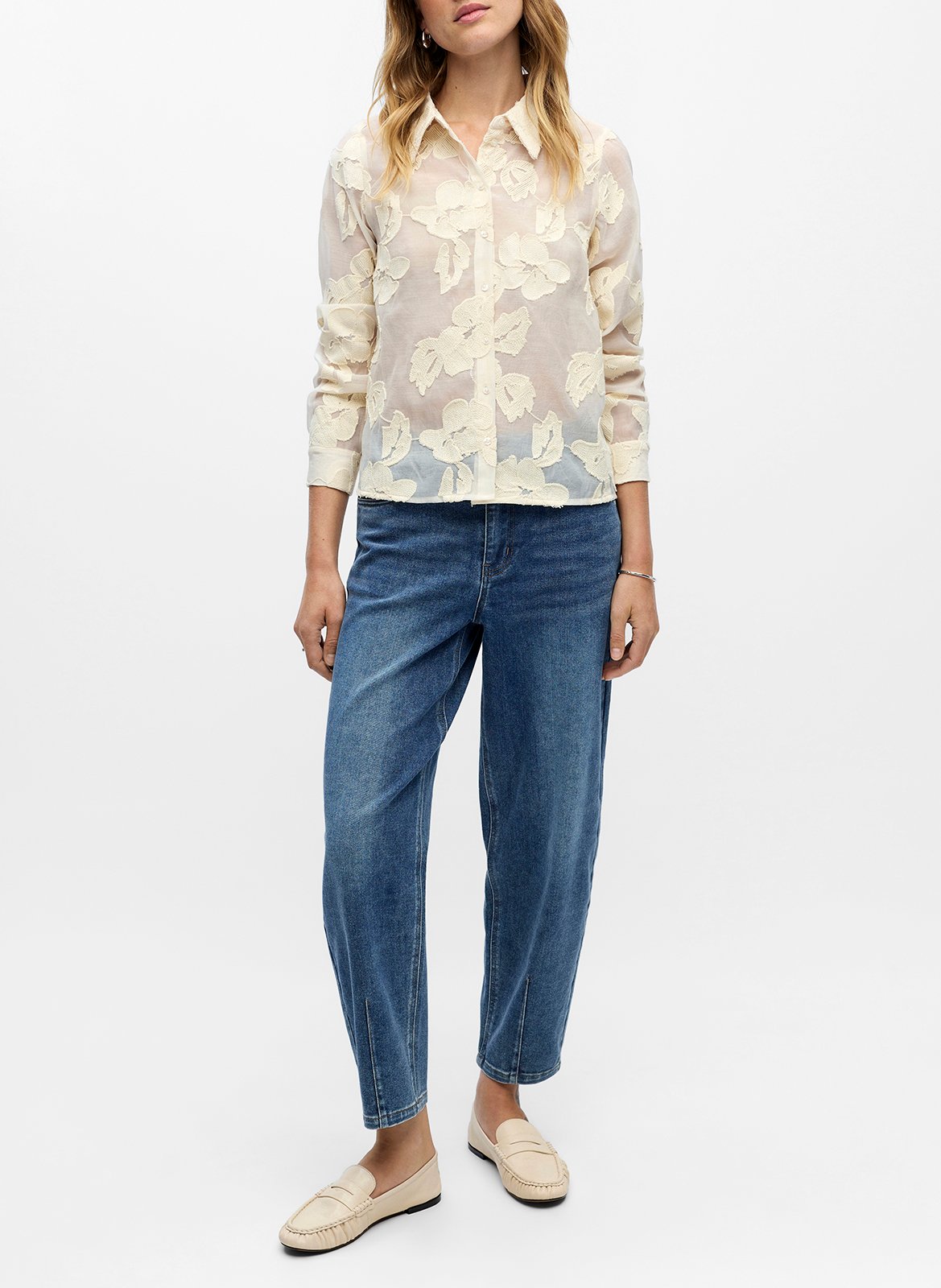 Cotton and linen shirt with classic collar OBJECT Beige