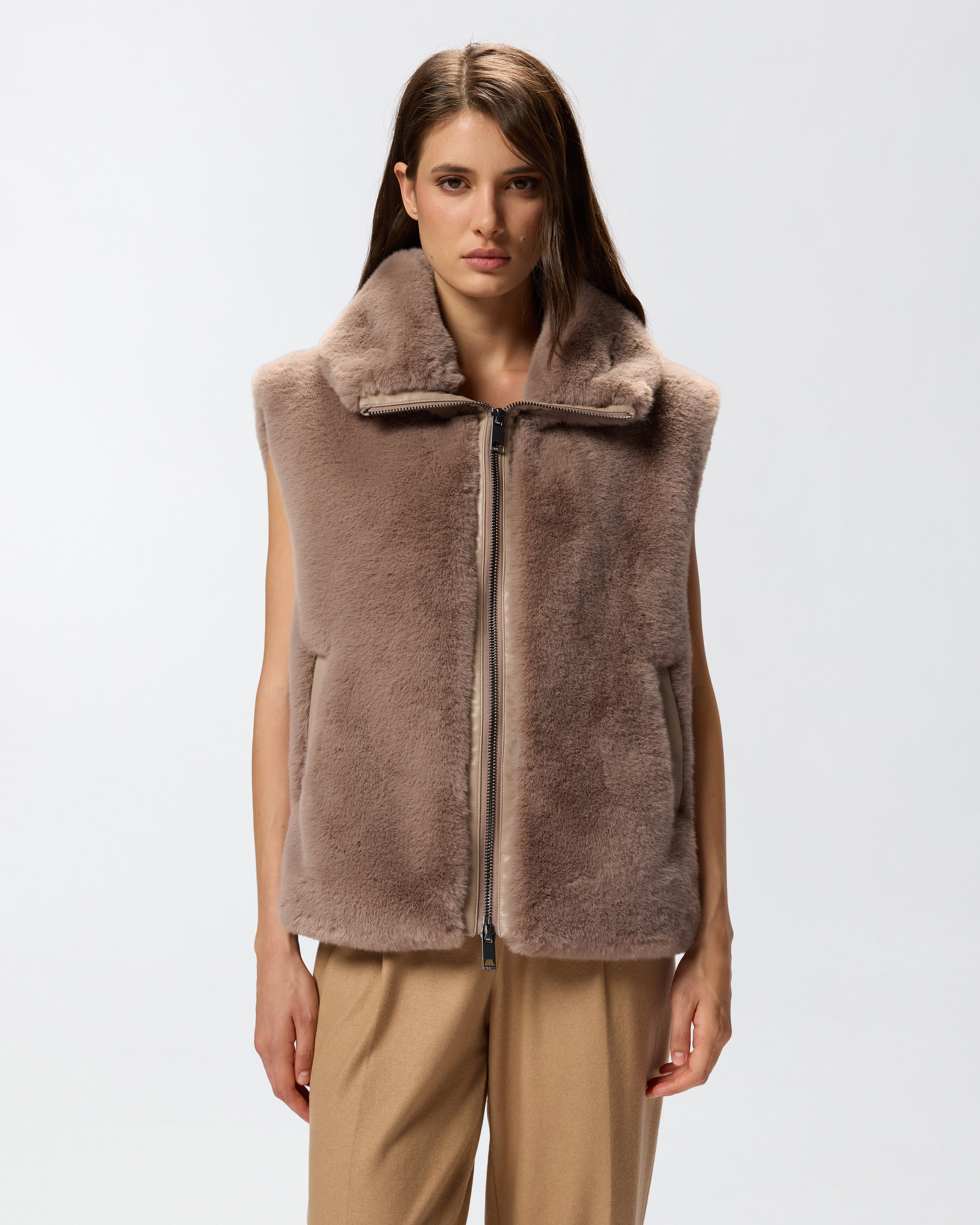 Zip-up faux fur vest PINKO Beige