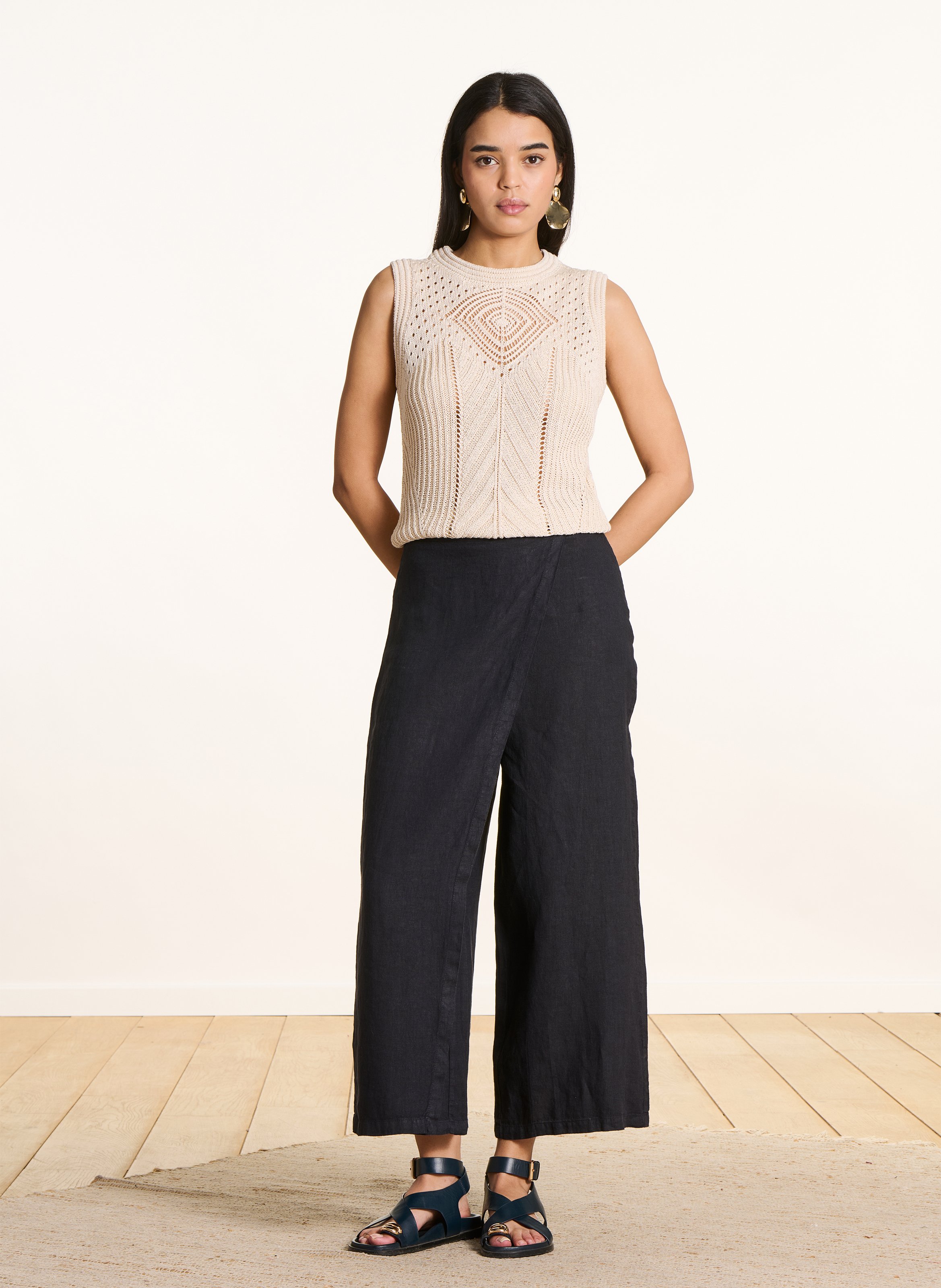 Pantalon large 7/8ème en lin LA FEE MARABOUTEE Bleu