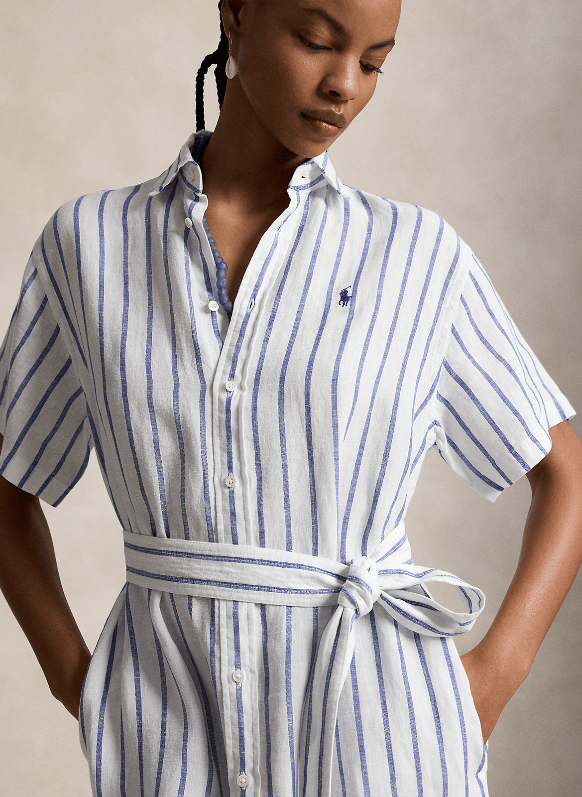 Midi-jurk met strepen en ceintuur van linnen POLO RALPH LAUREN Blauw