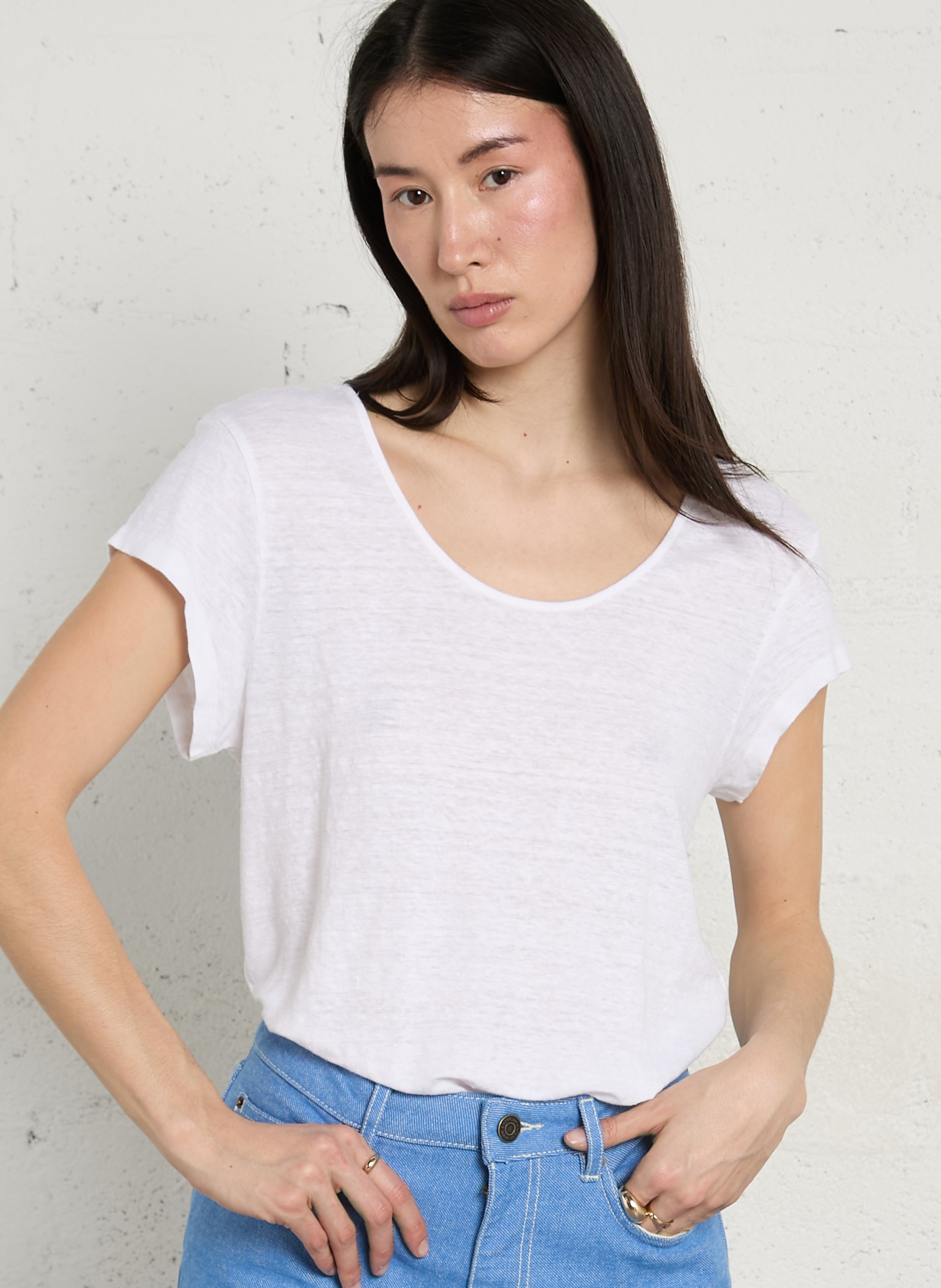 Straight linen-blend T-shirt with round neck AMERICAN VINTAGE White